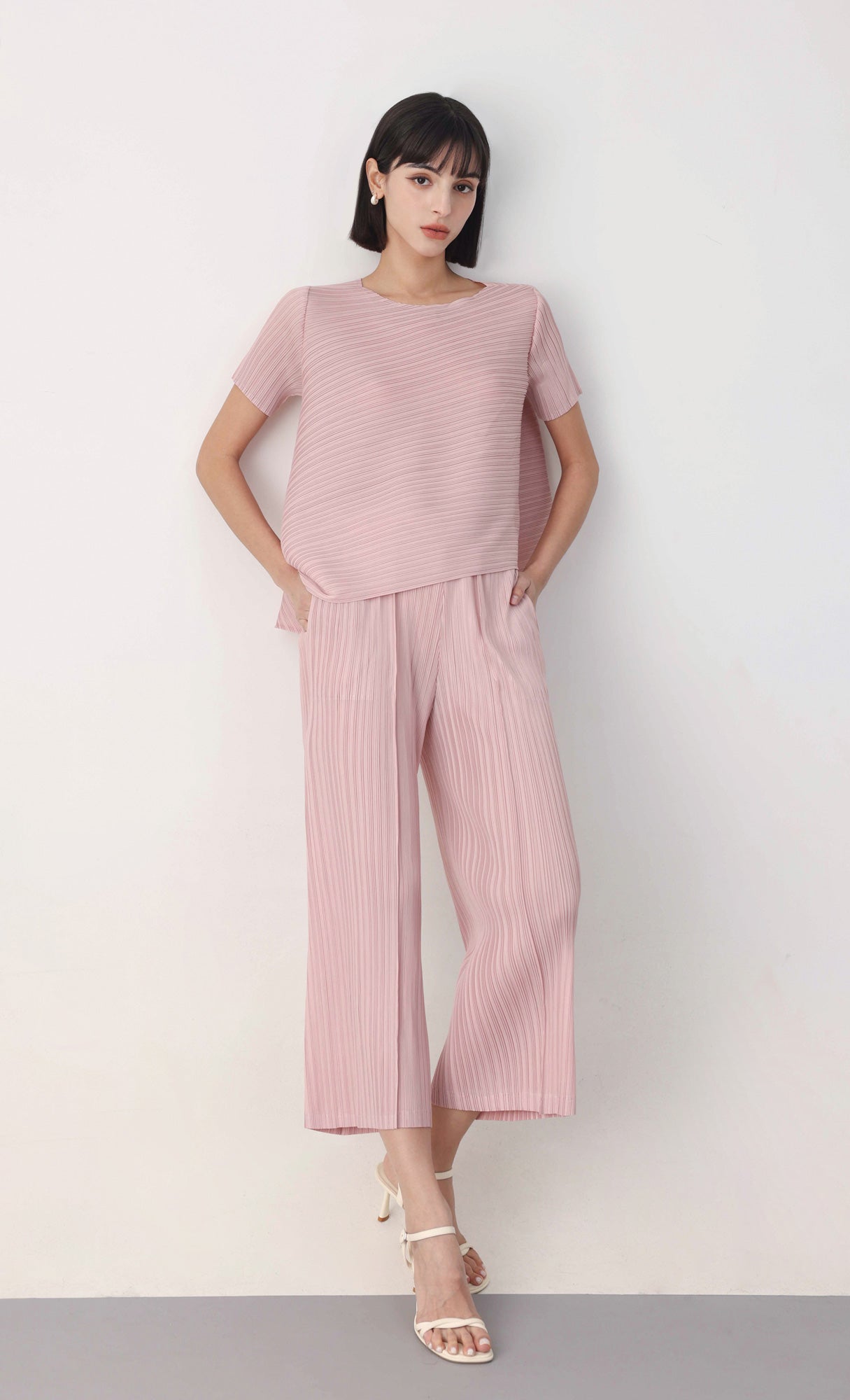 Slashy pleated blouse pants set-up_pink