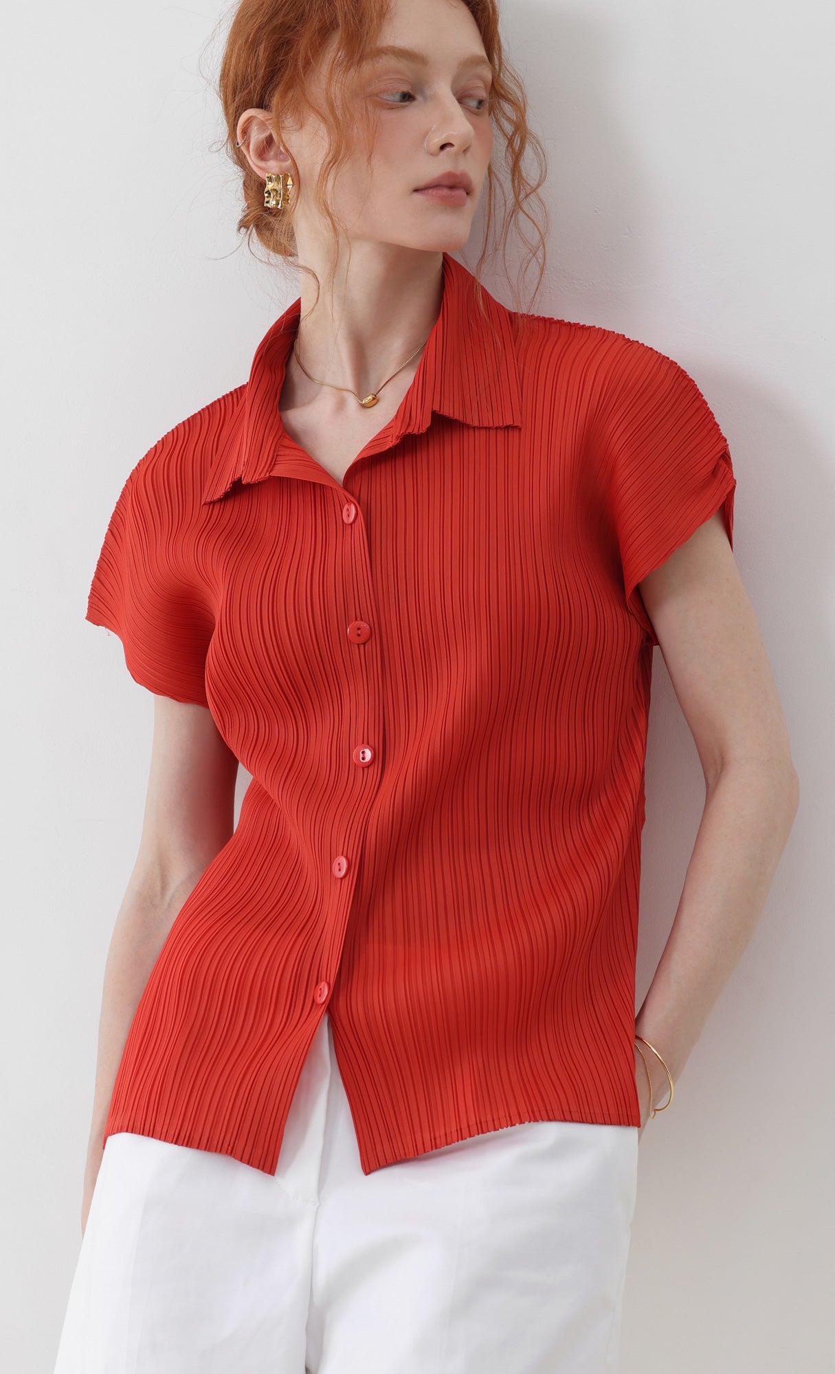 tinted collard pleated shirts_orange