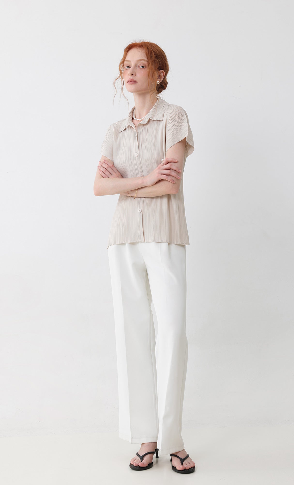 tinted collard pleated shirts_lightbeige