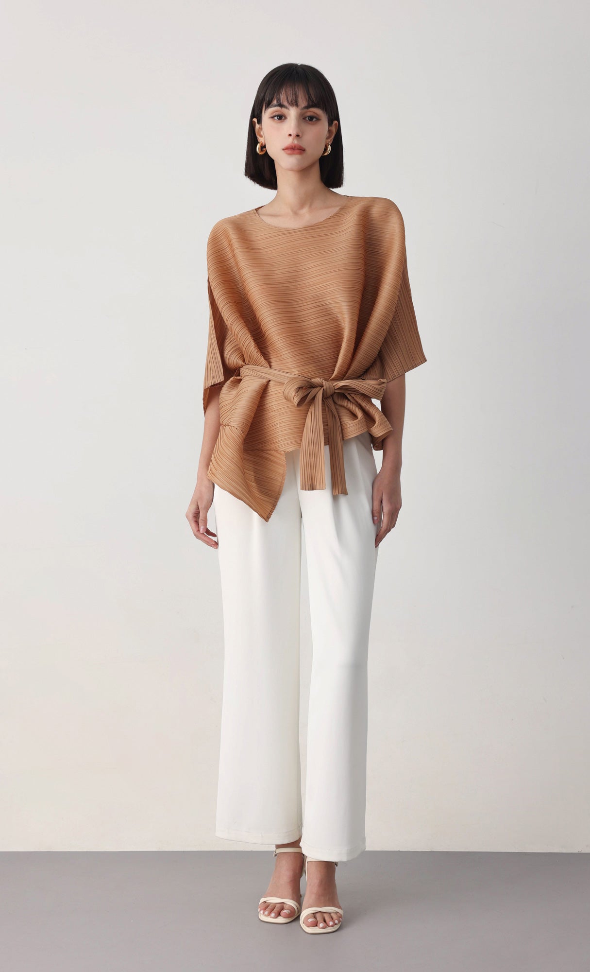 Tria pleated blouse & strap set_camel