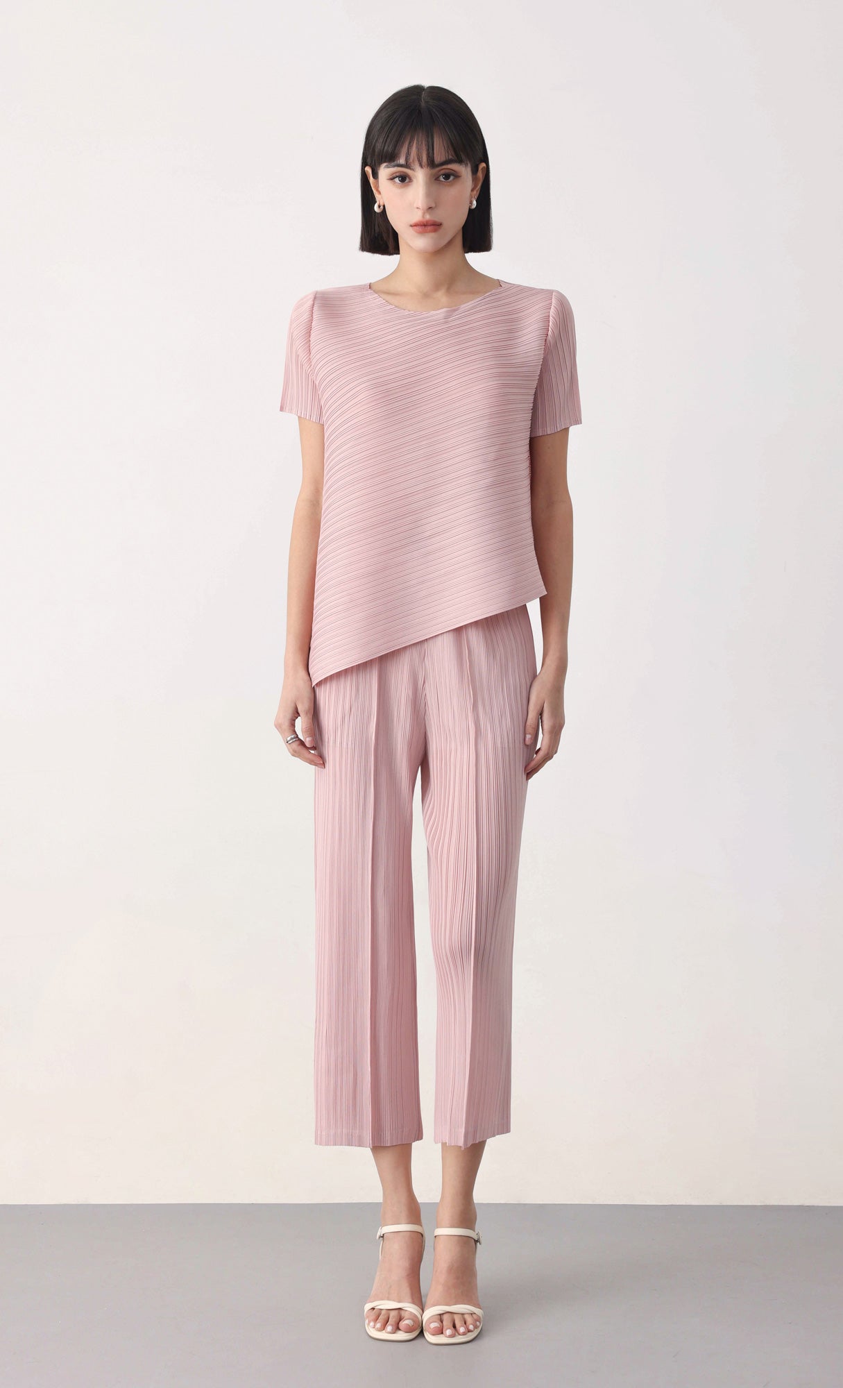 Slashy pleated blouse pants set-up_pink