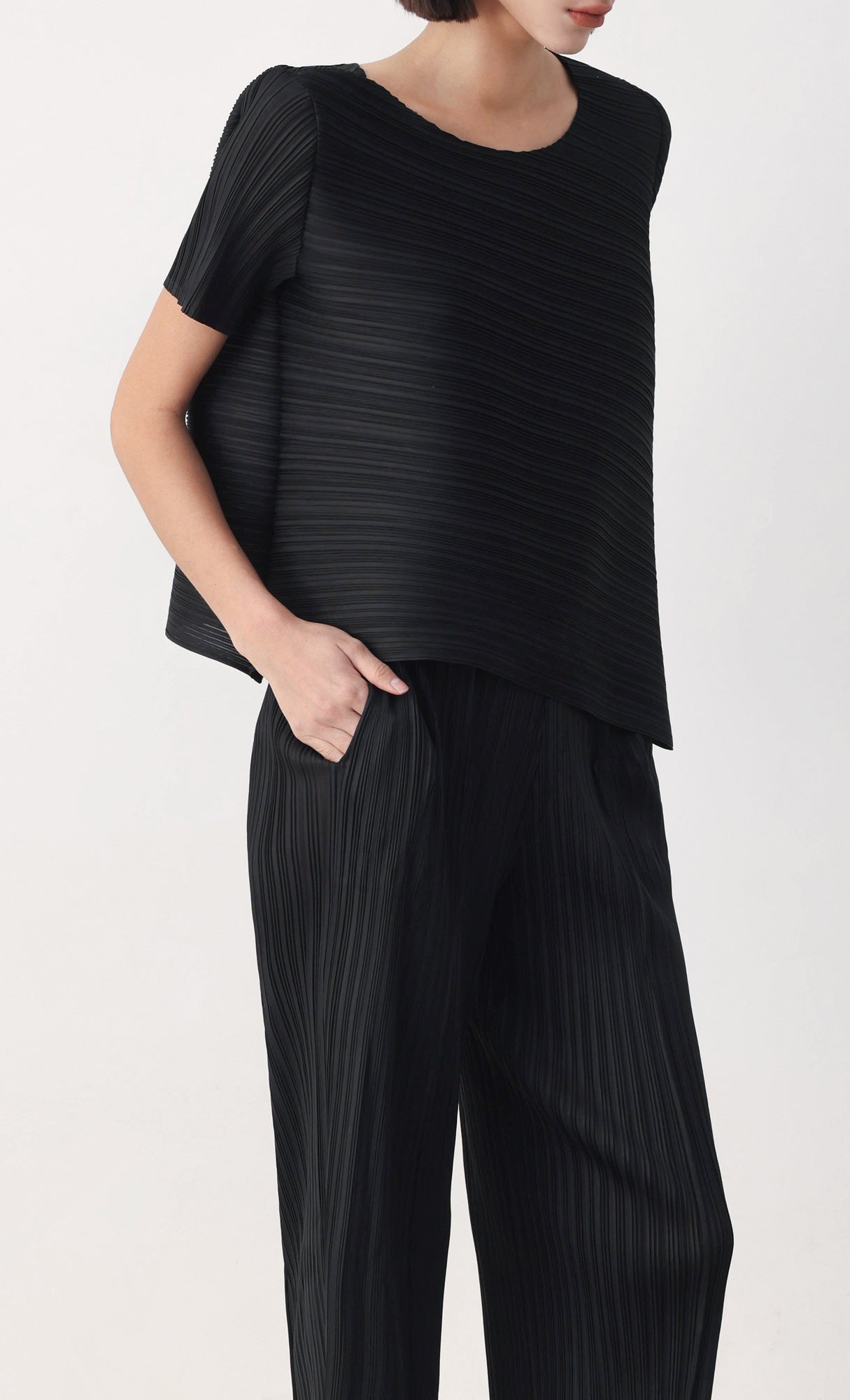 Slashy pleated blouse pants set-up_black