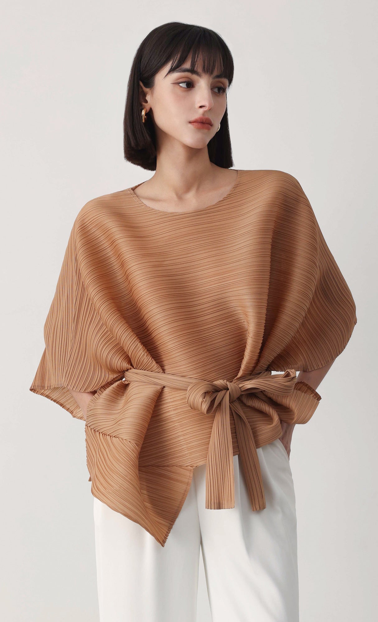 Tria pleated blouse & strap set_camel