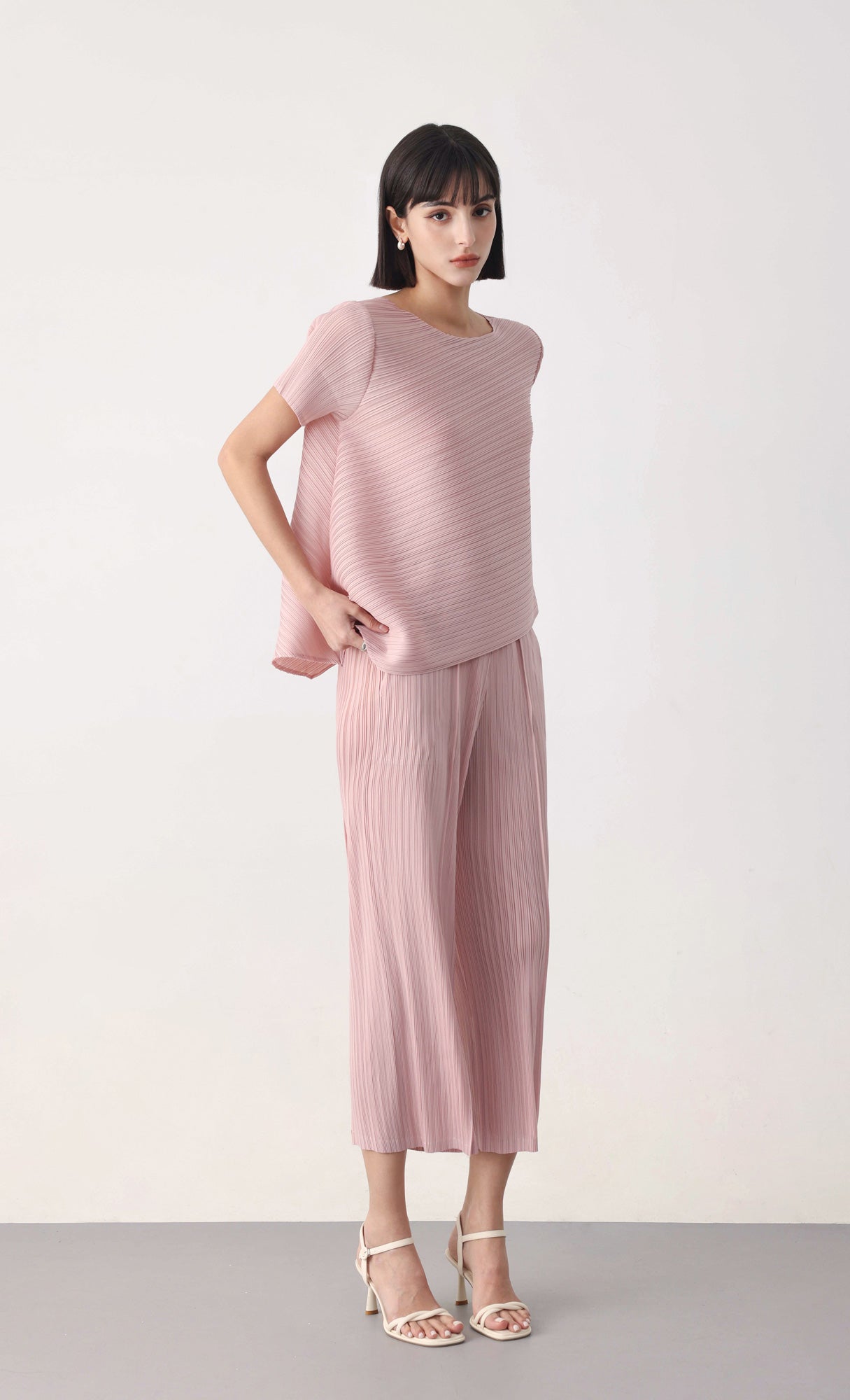 Slashy pleated blouse pants set-up_pink