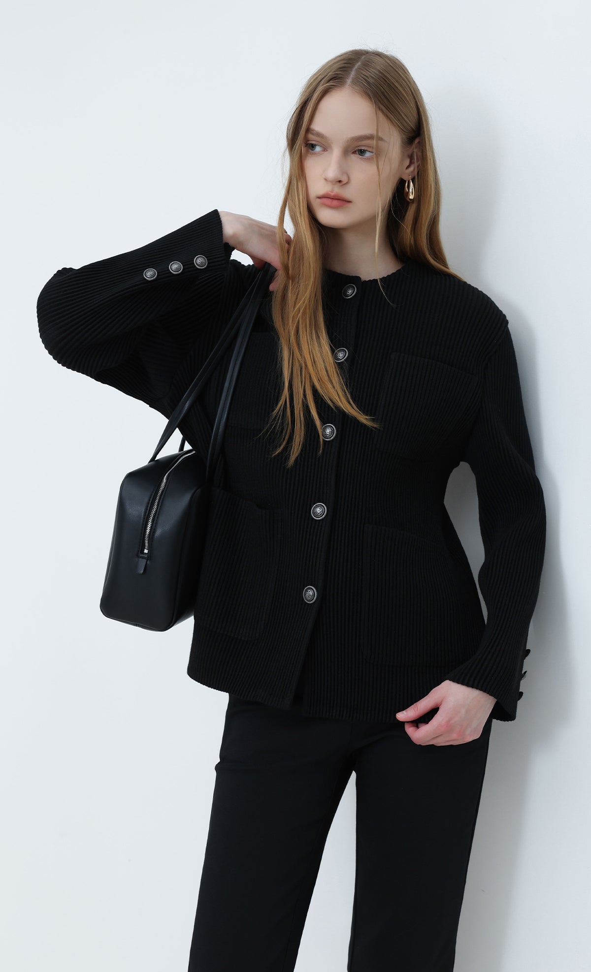 Classic Pleated Tweed Pocket Jacket_Black