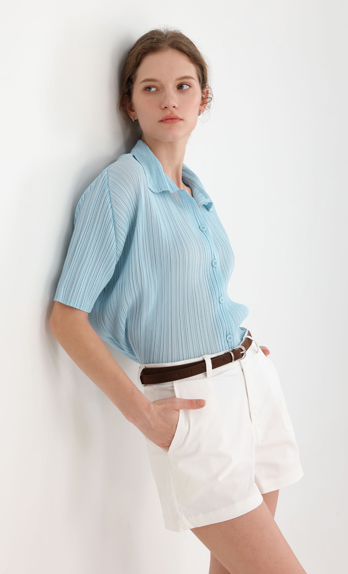 Palette collard pleated shirts_skyblue
