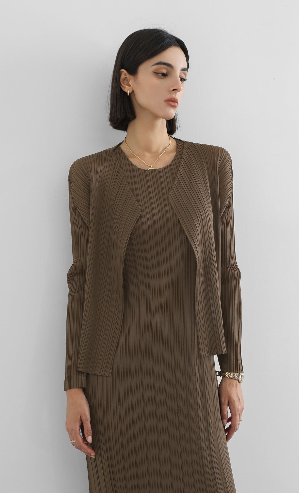 modi pleated cardigan_brown