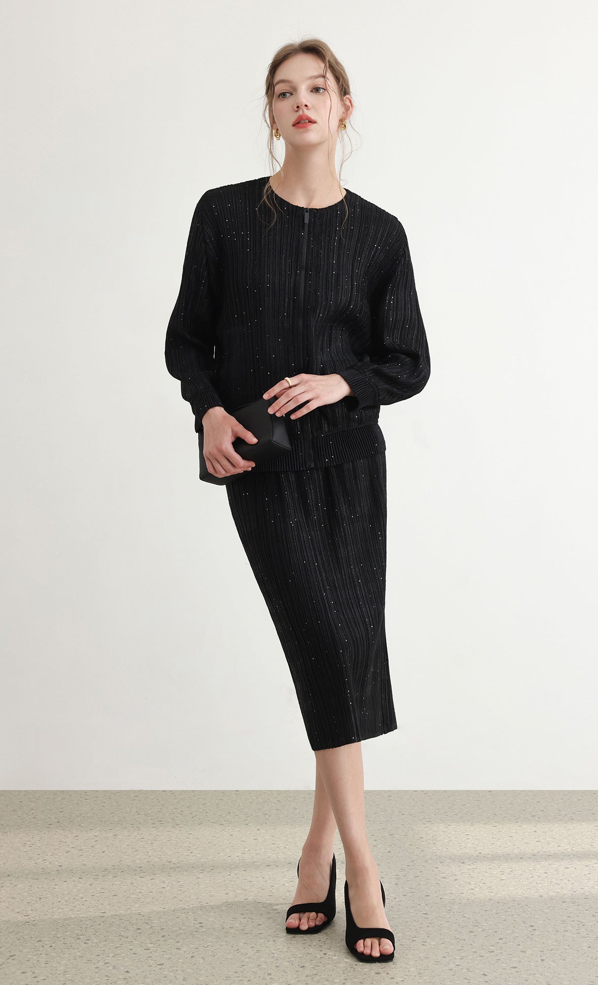 Tweed pleats banding skirt_black