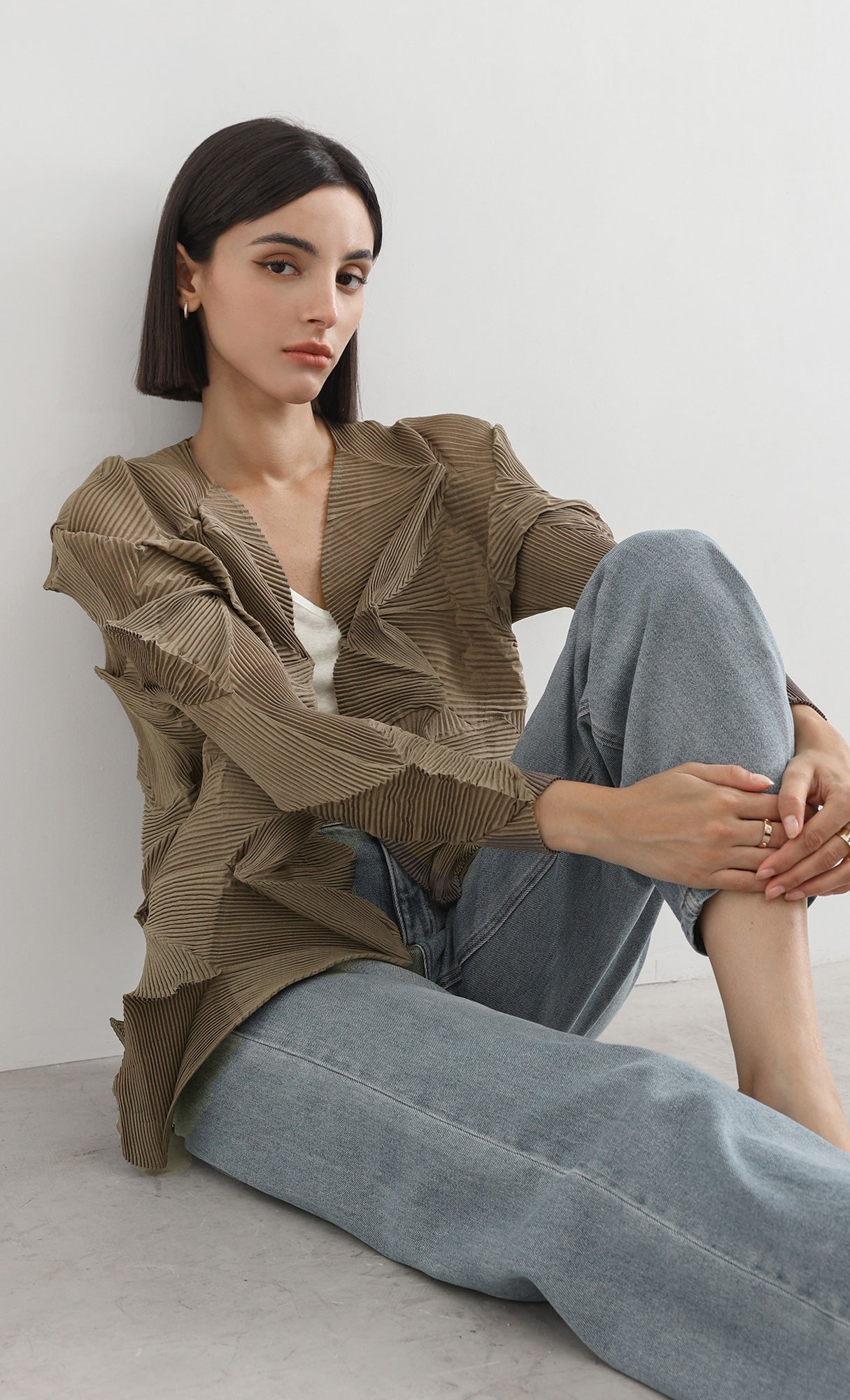 geo pleated jacket cardigan_brown