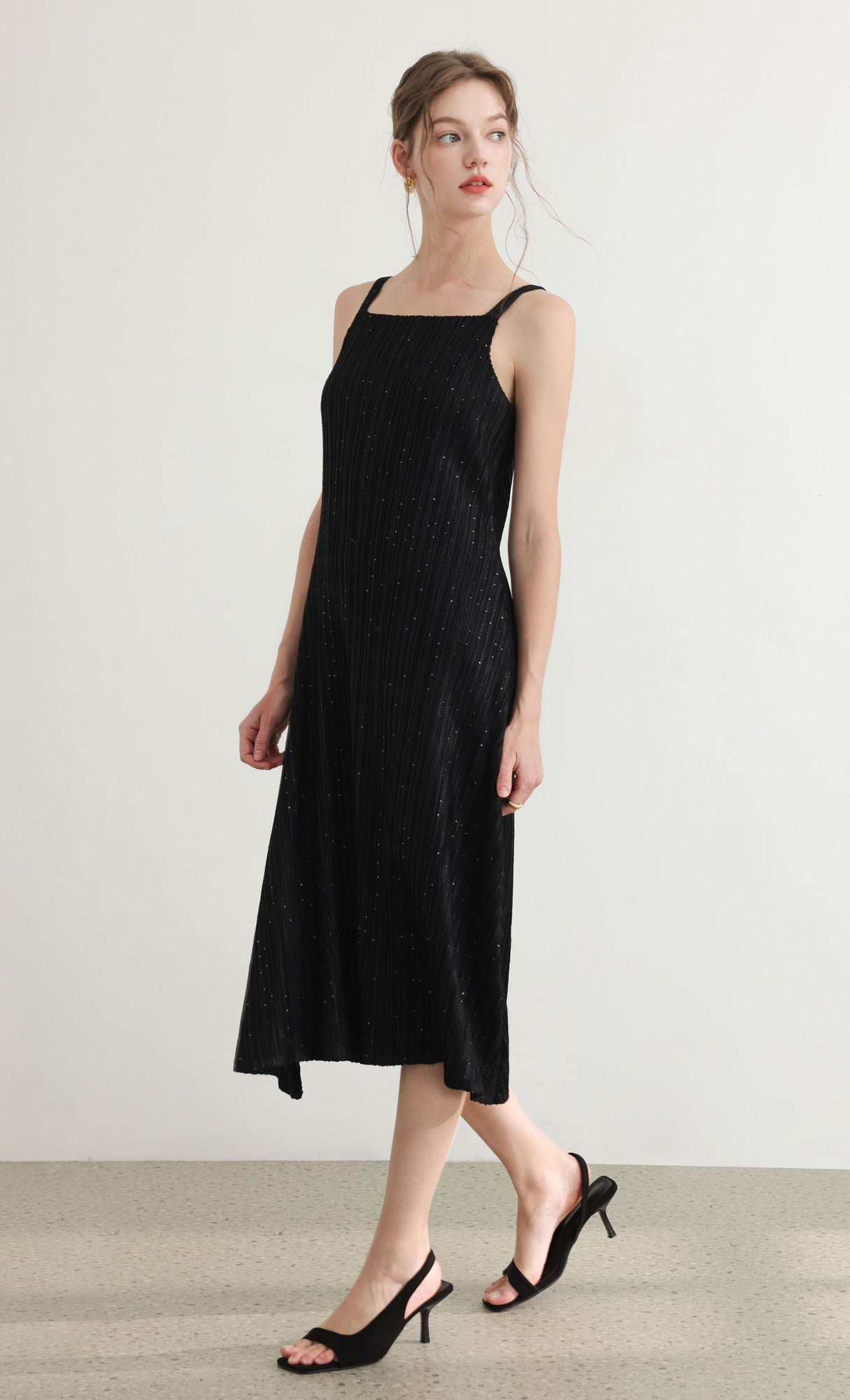 Tweed pleats sleveless flare dress_black