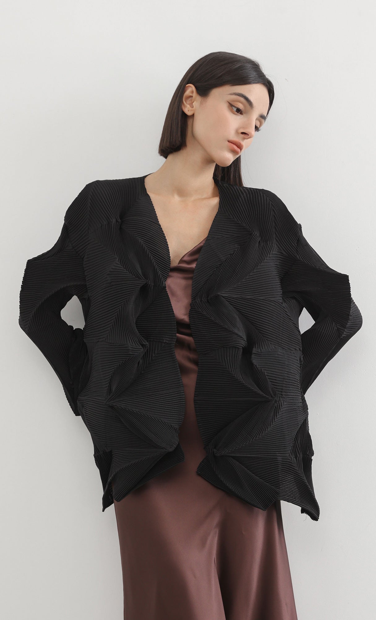 geo pleated jacket cardigan_black