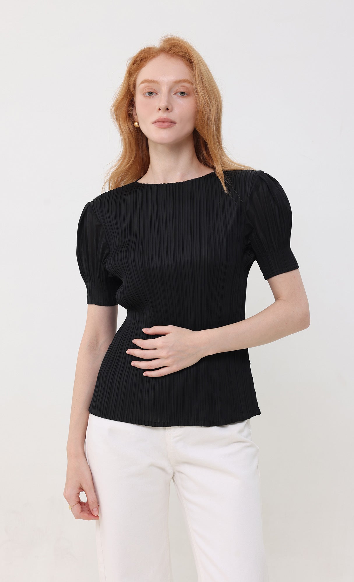 Mellow pleated half sleeve top_black
