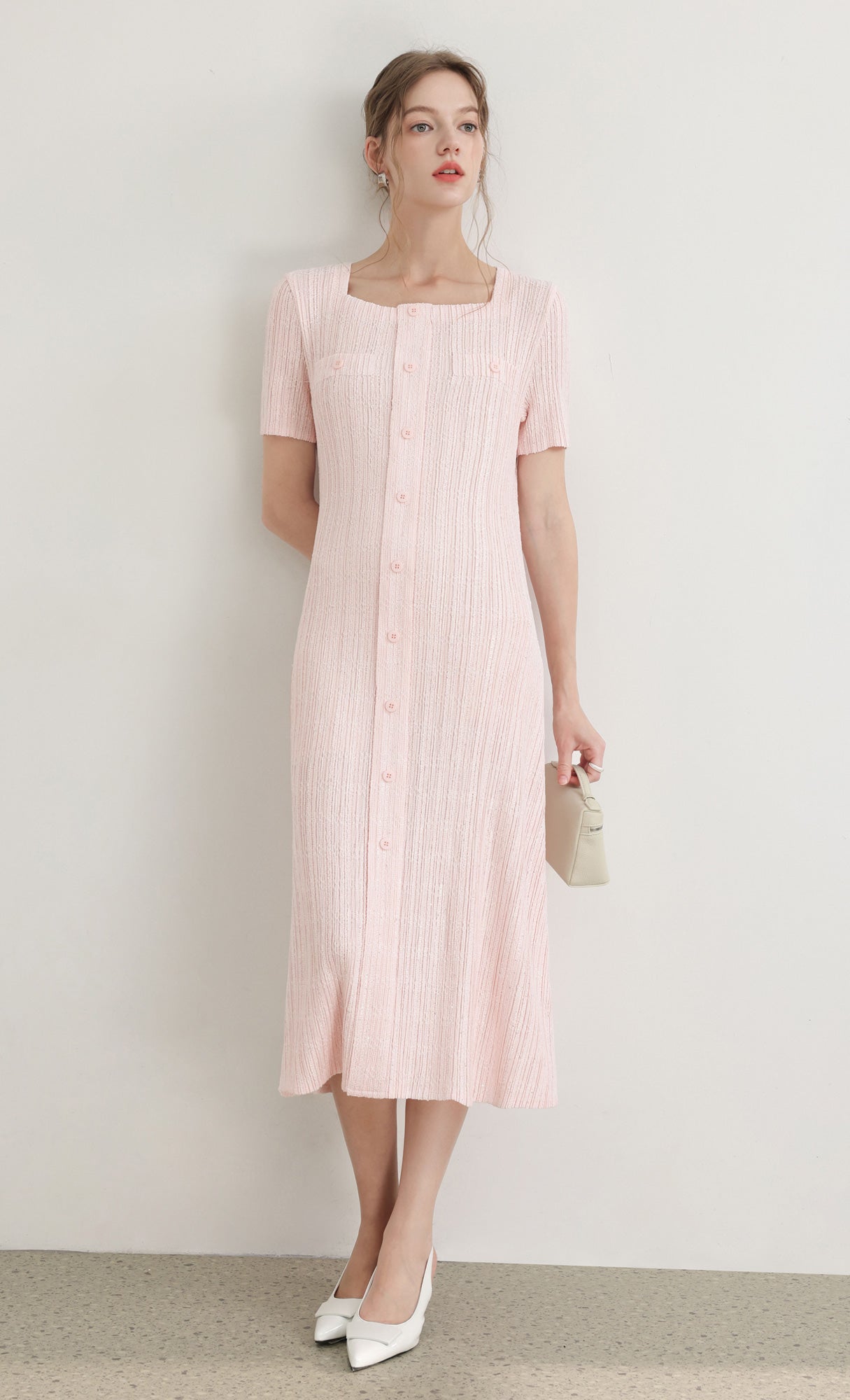 Tweed pleats square neck dress_pink