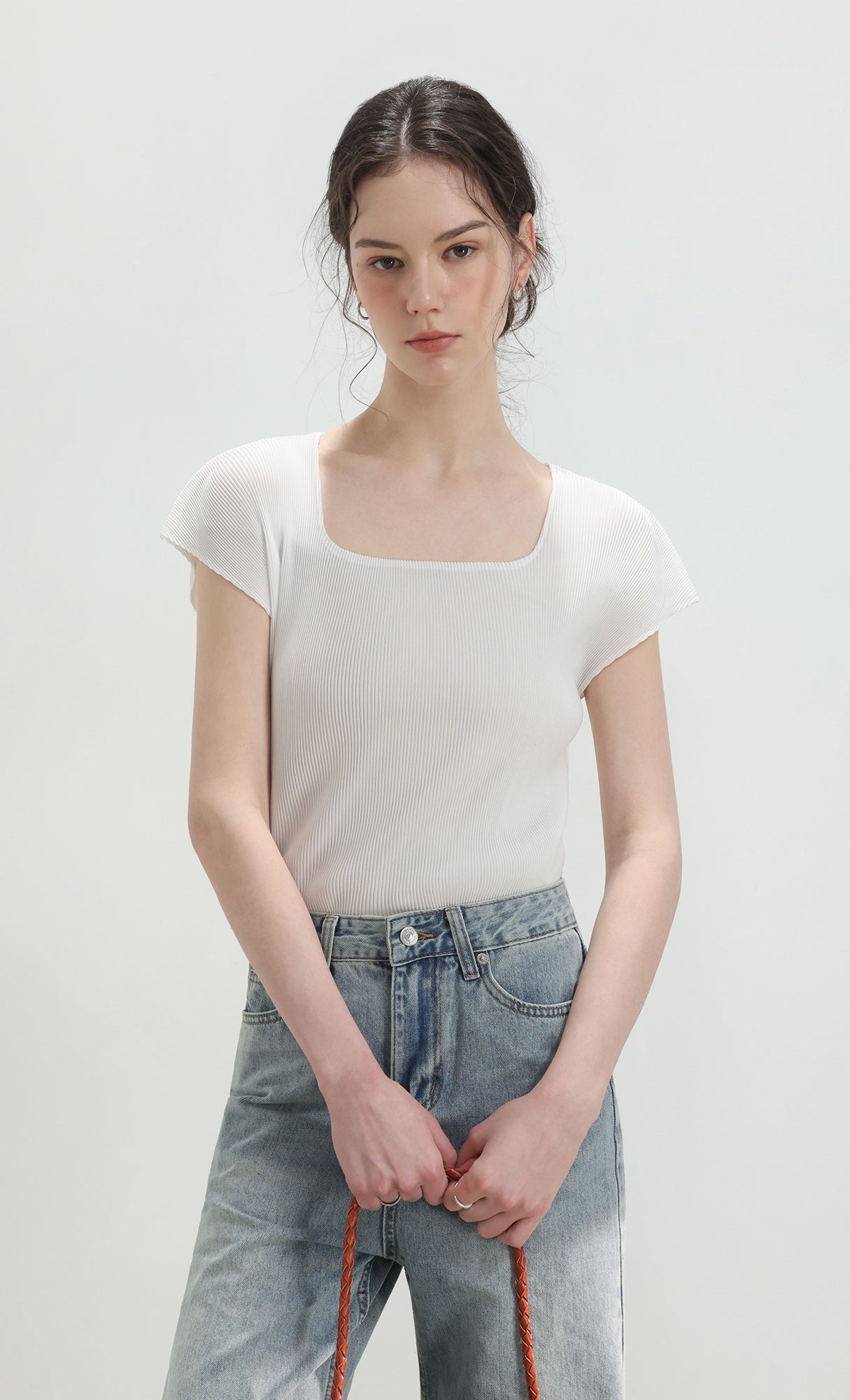 Nora pleated cap-sleeve top_white