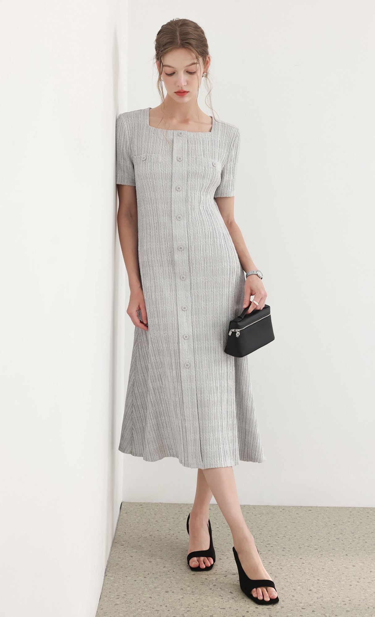 Tweed pleats square neck dress_grey