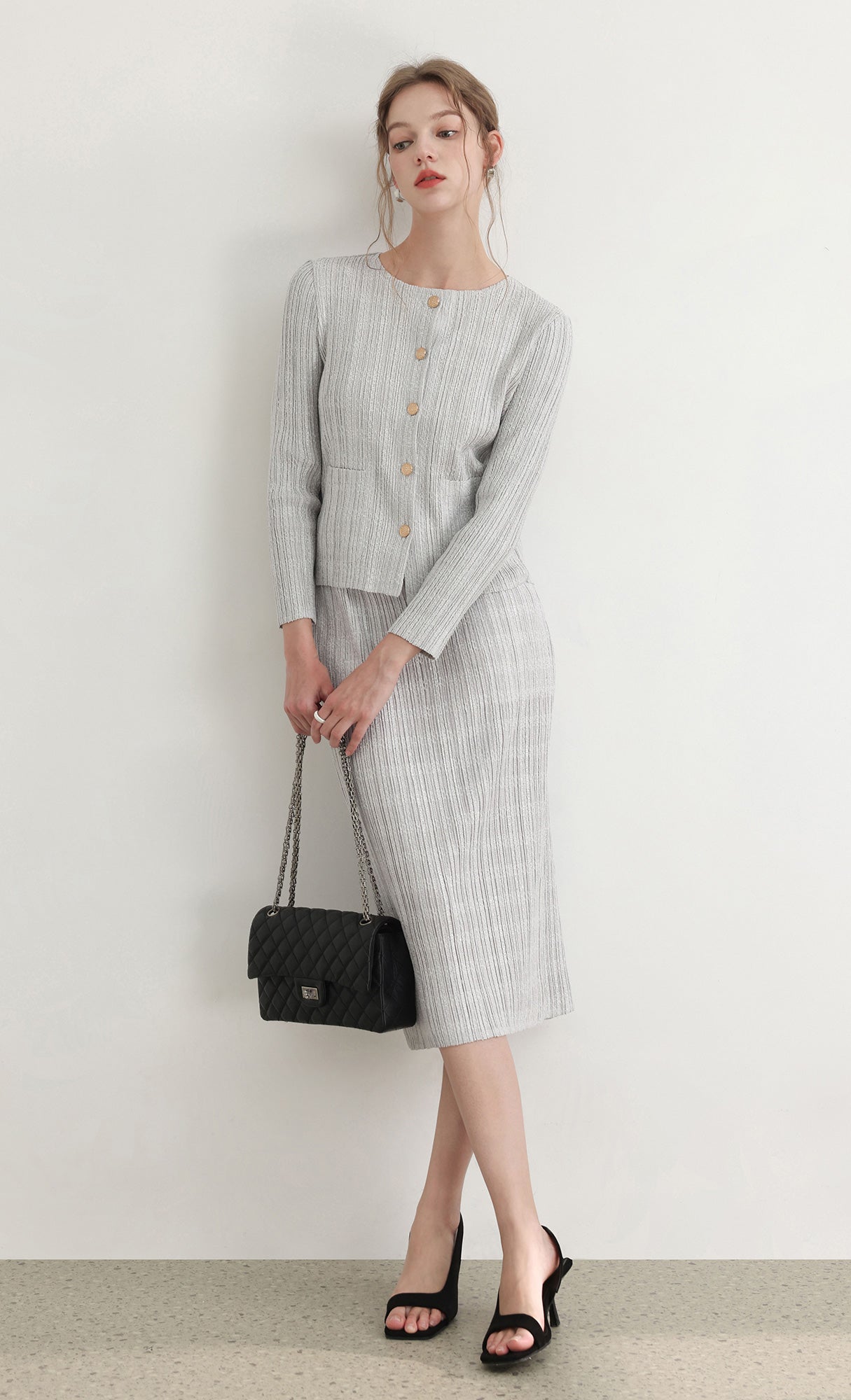 Tweed pleats banding skirt_grey