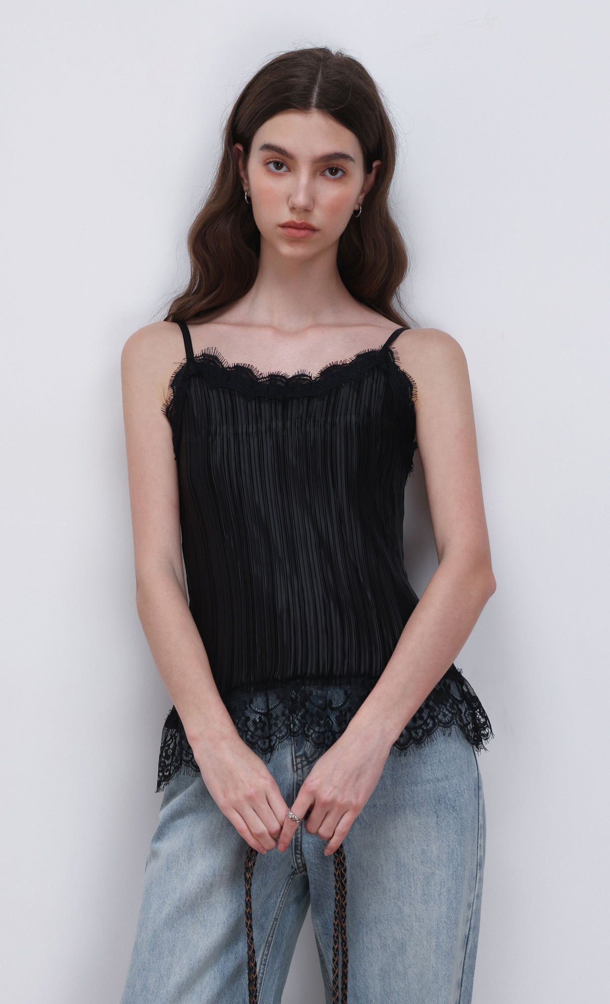 Pleated lace slip top_black