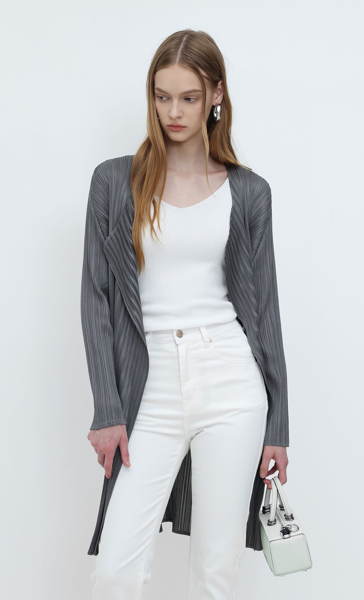 Core Pleated Long Cardigan_Charcoal