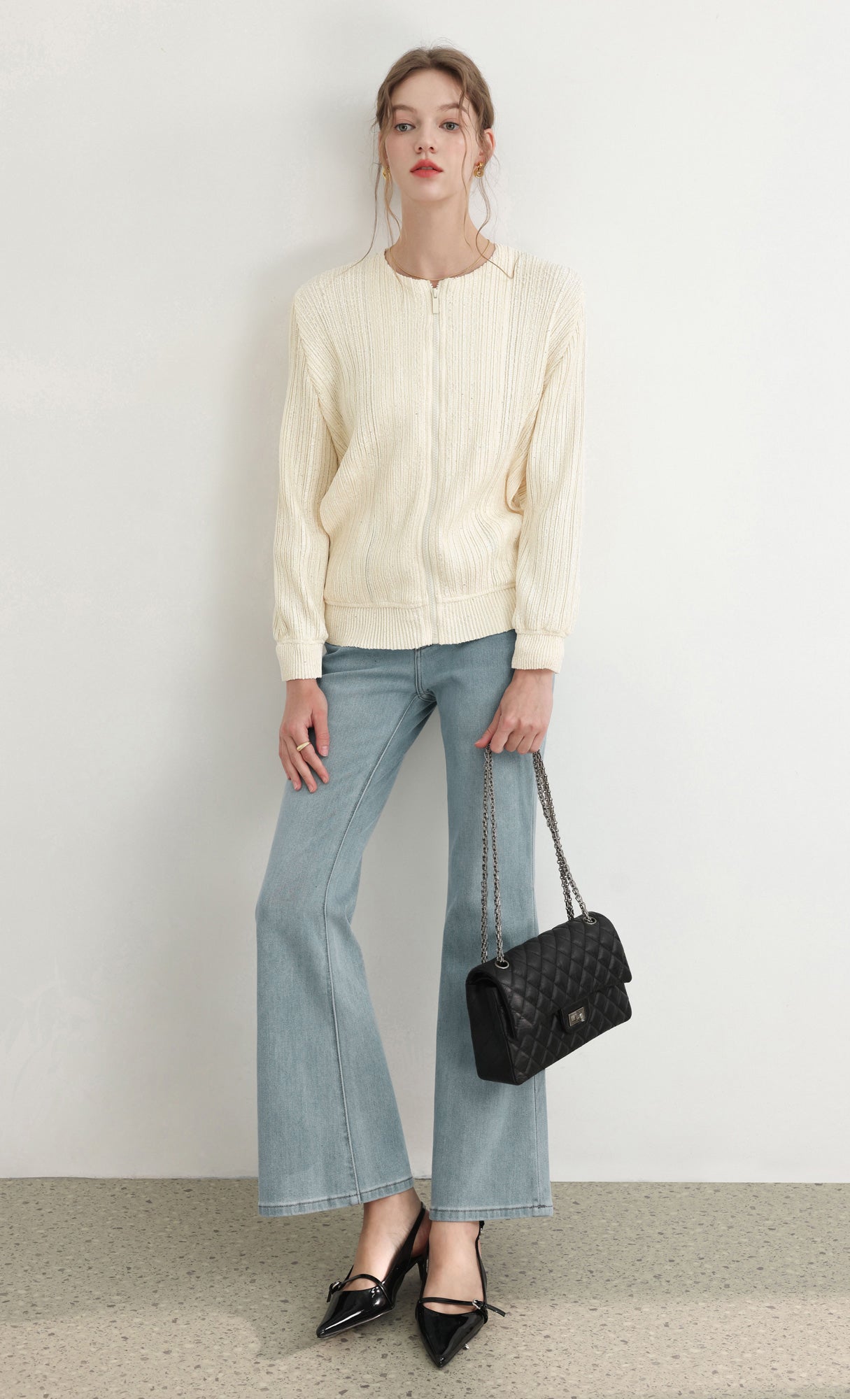 Tweed pleats blouson jumper_ivory