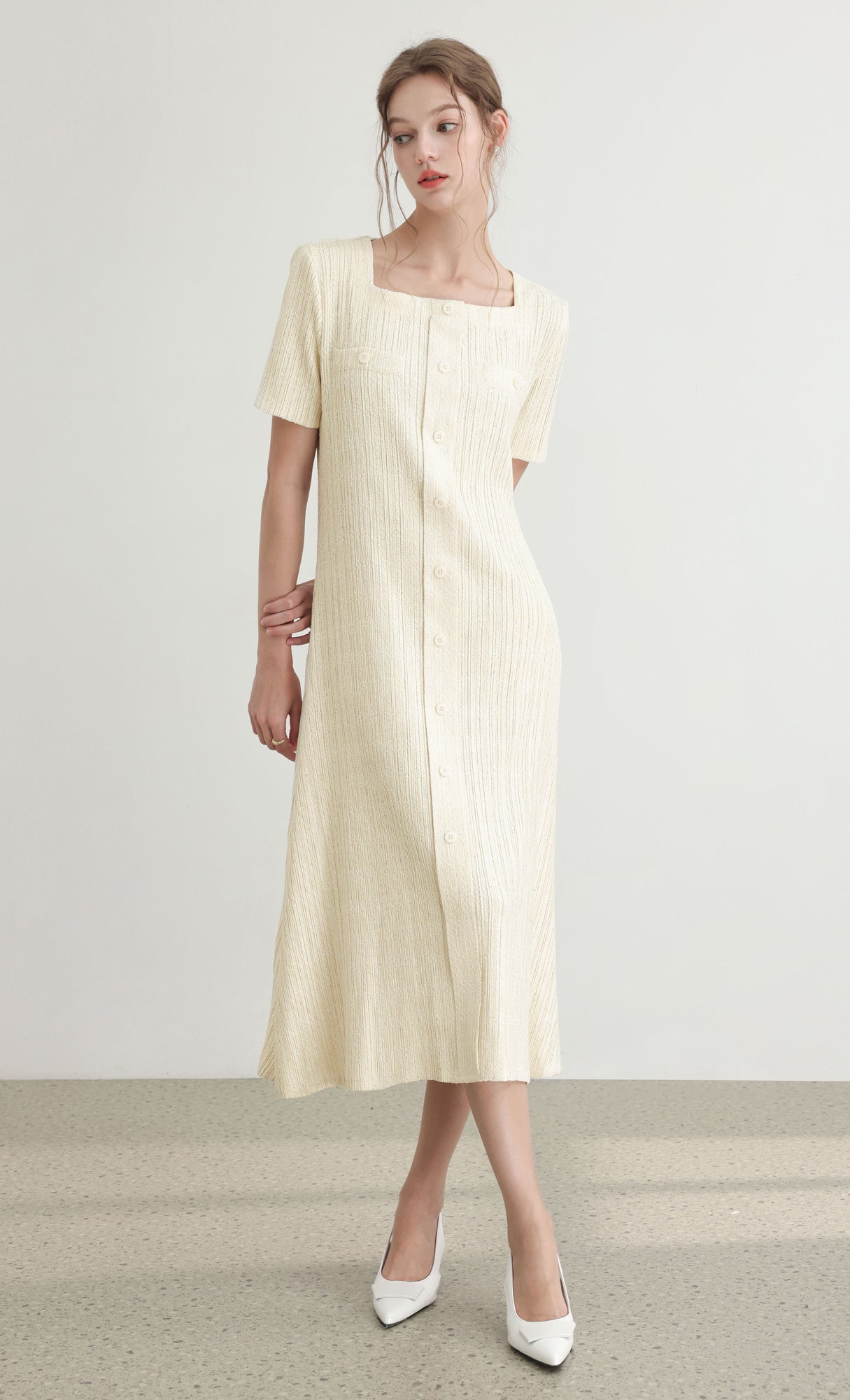 Tweed pleats square neck dress_ivory