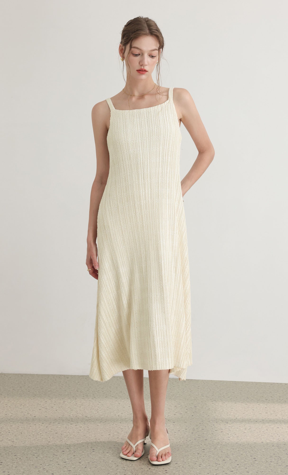 Tweed pleats sleveless flare dress_ivory
