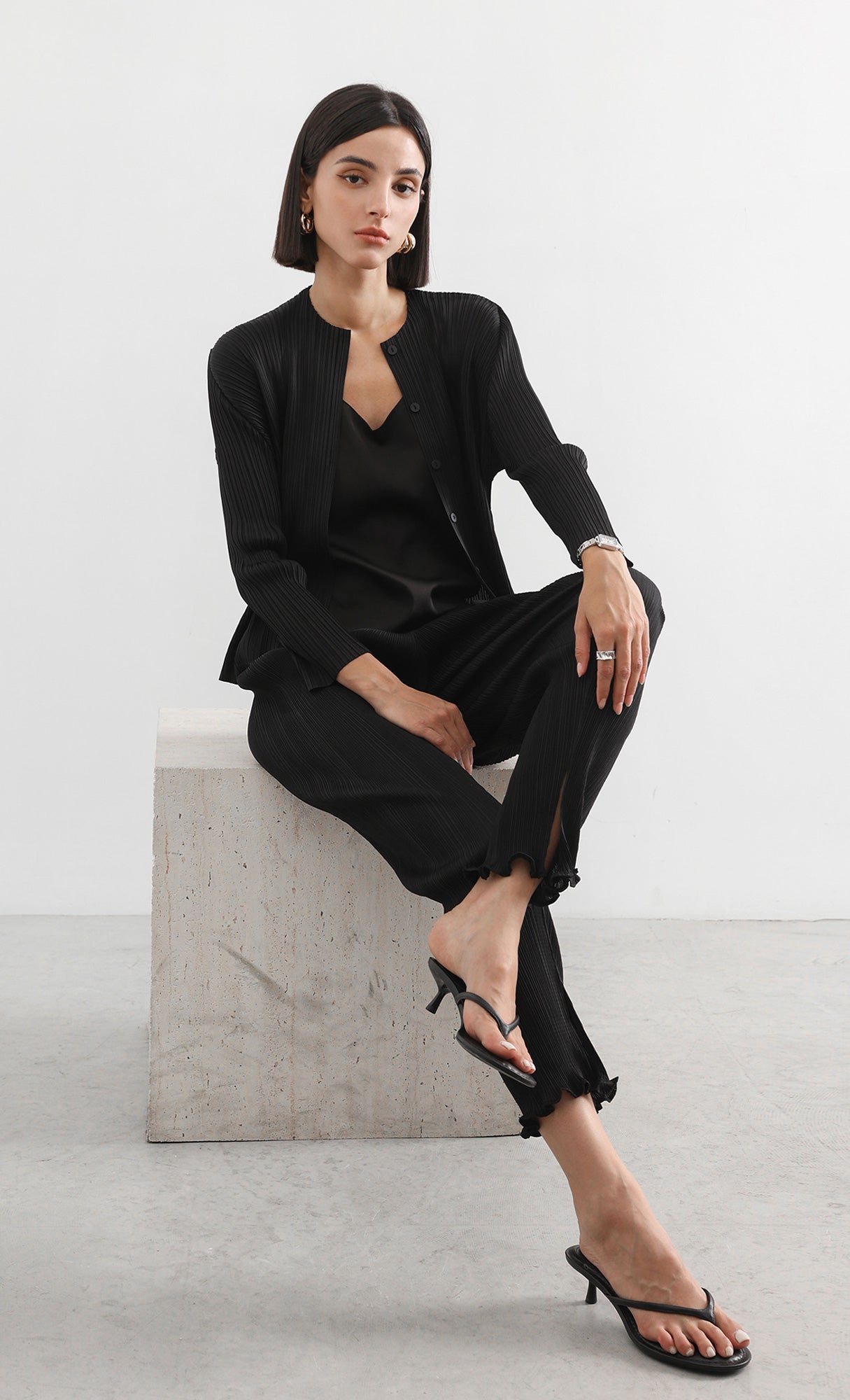 button basic pleated cardigan_black