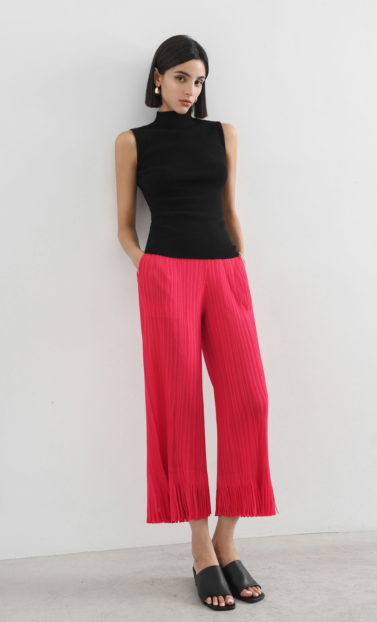 frill hem pleated pants_red