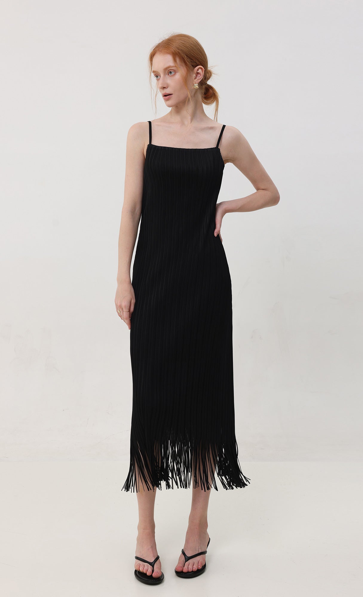 Fringe pleated slip dress_black