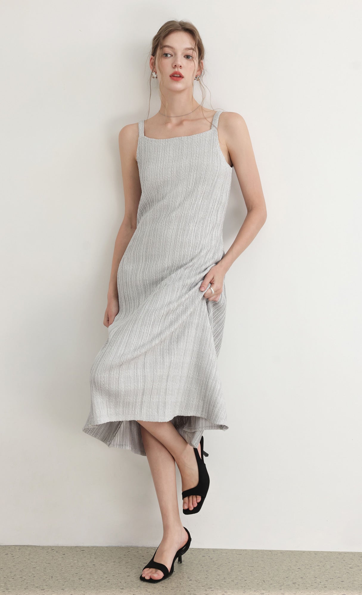Tweed pleats sleveless flare dress_grey
