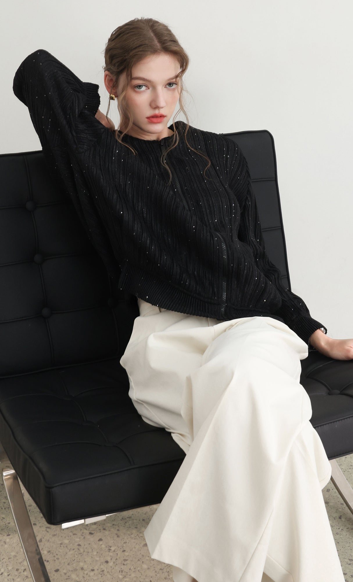 Tweed pleats blouson jumper_black