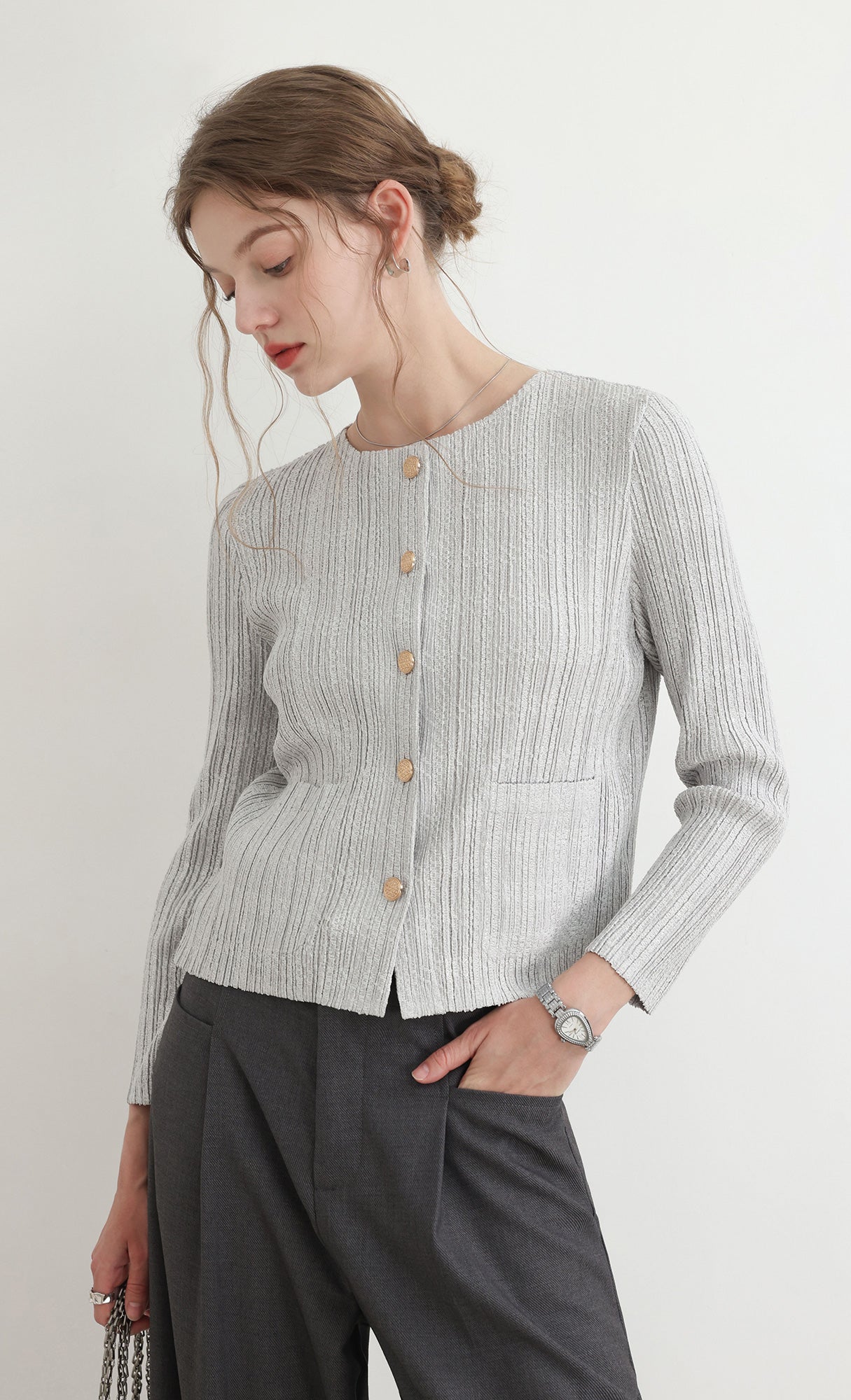 Tweed pleats cardigan jacket_grey