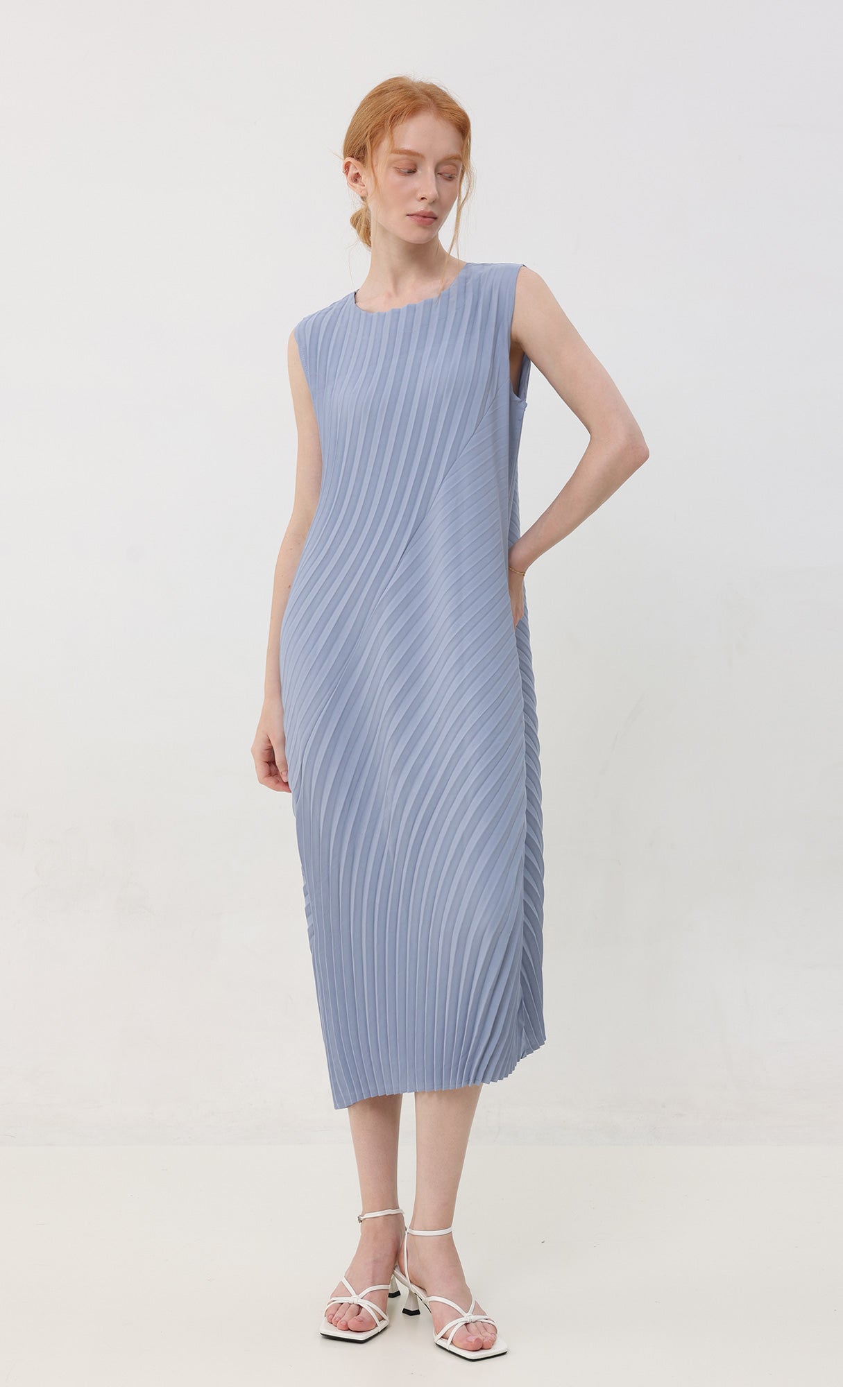 Twist pleated slip dress_skyblue