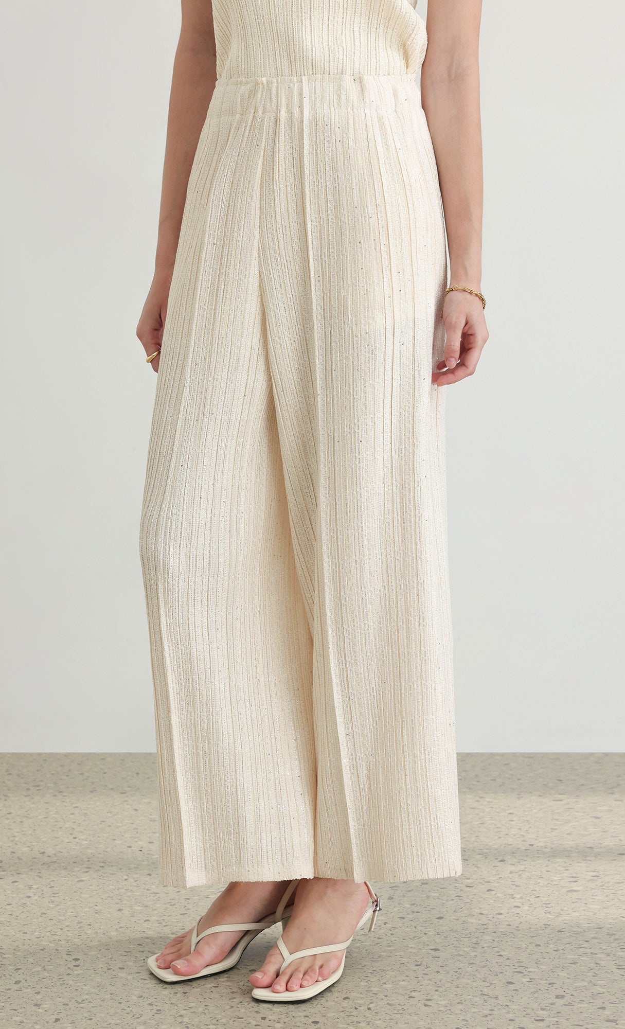 Tweed pleats pintuck pants_ivory