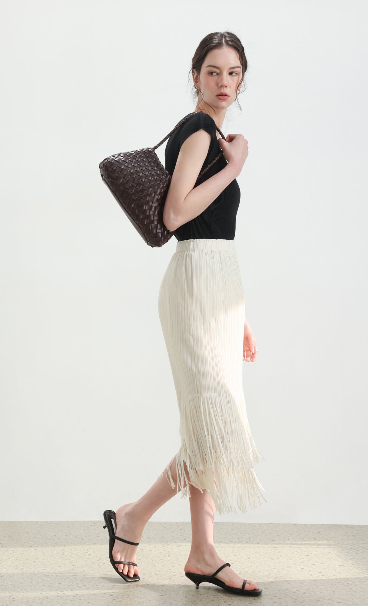 Fringe pleated skirt_ivory