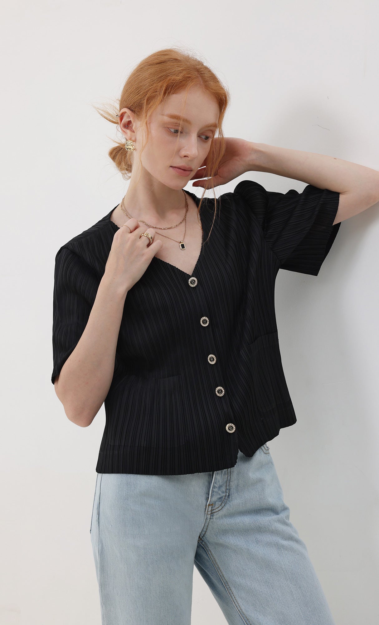 Button pleated short-sleeve top_black