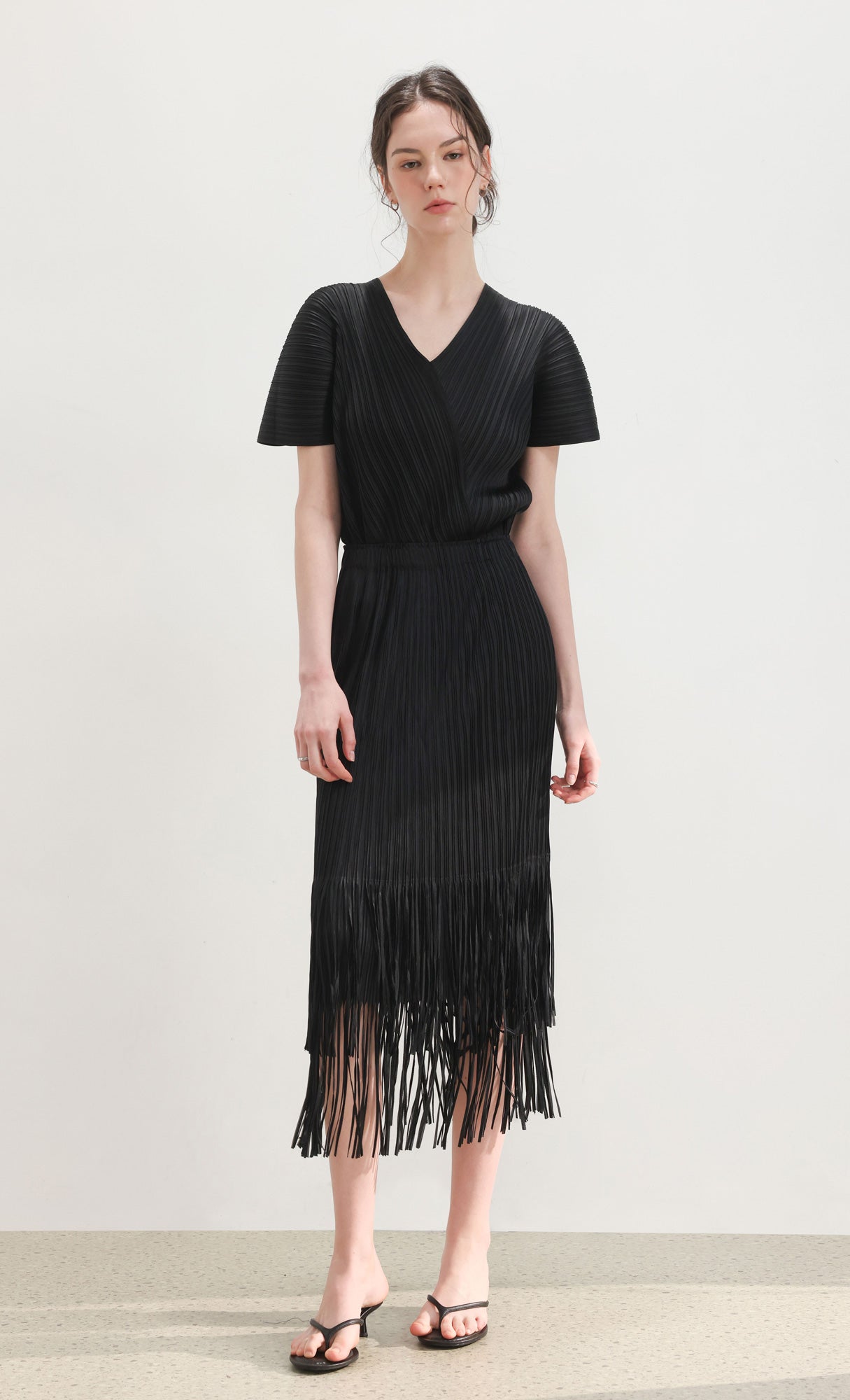 Fringe pleated skirt_black