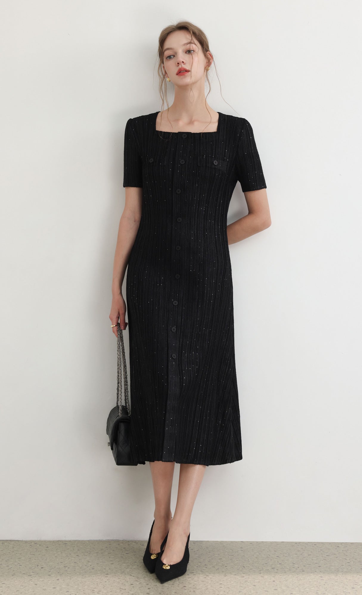 Tweed pleats square neck dress_black