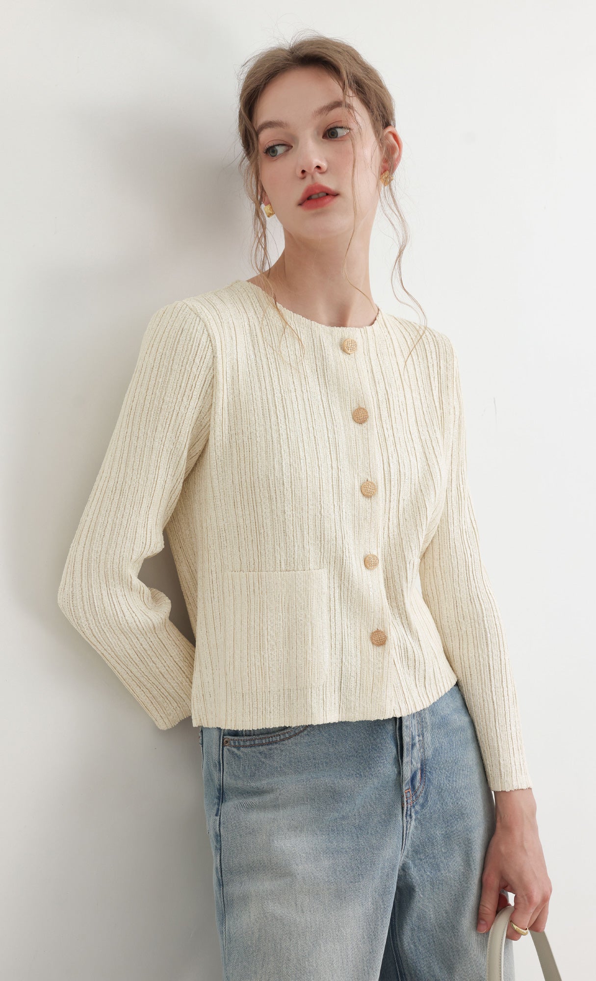 Tweed pleats cardigan jacket_ivory