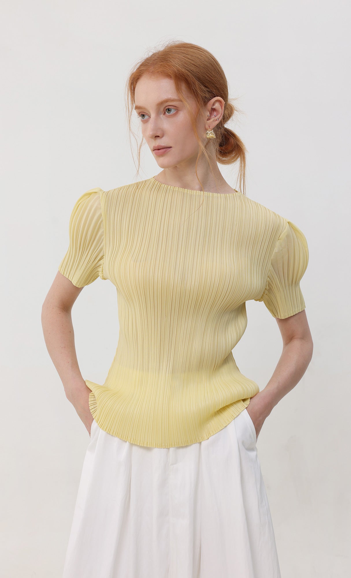 Mellow pleated half sleeve top_yellow