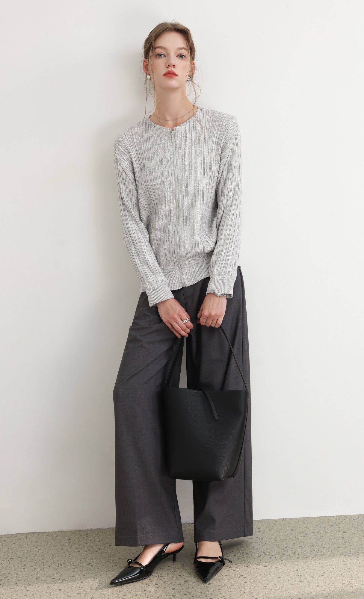 Tweed pleats blouson jumper_grey