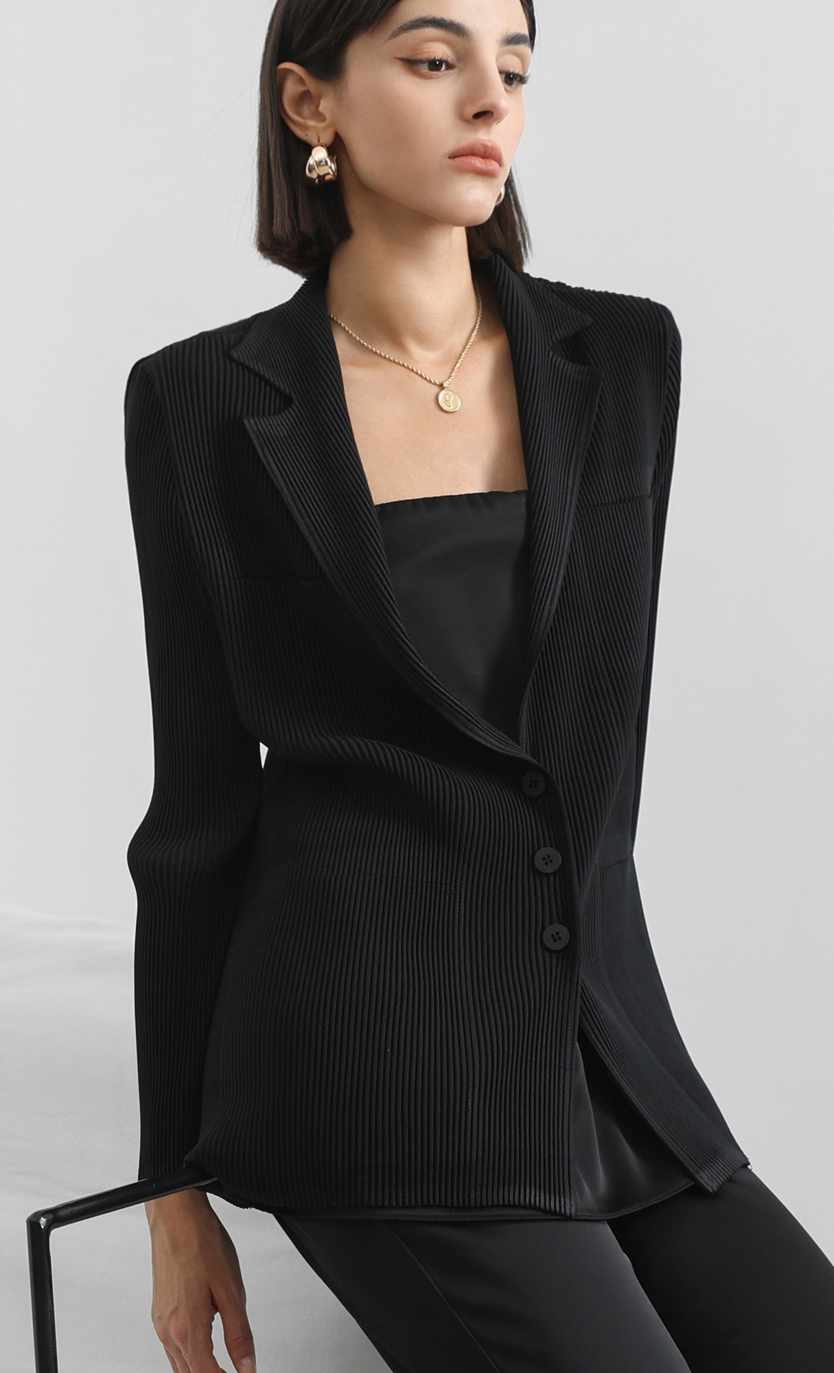 curve pleated set-up jacket_black