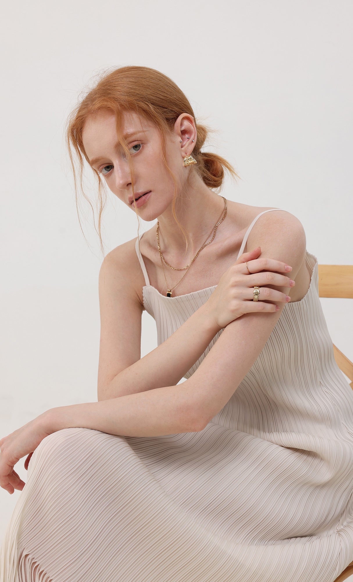 Fringe pleated slip dress_ivory