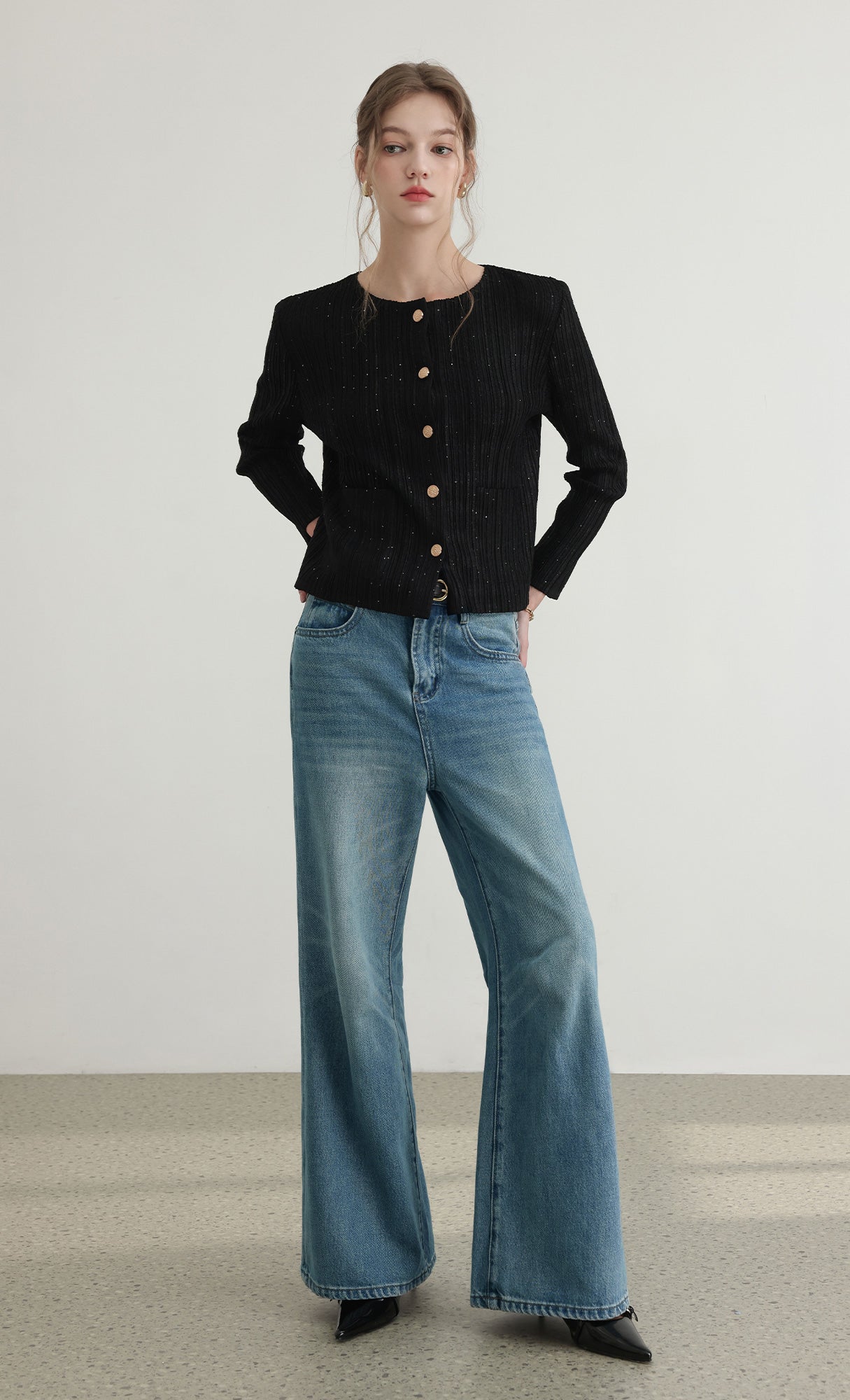 Tweed pleats cardigan jacket_black