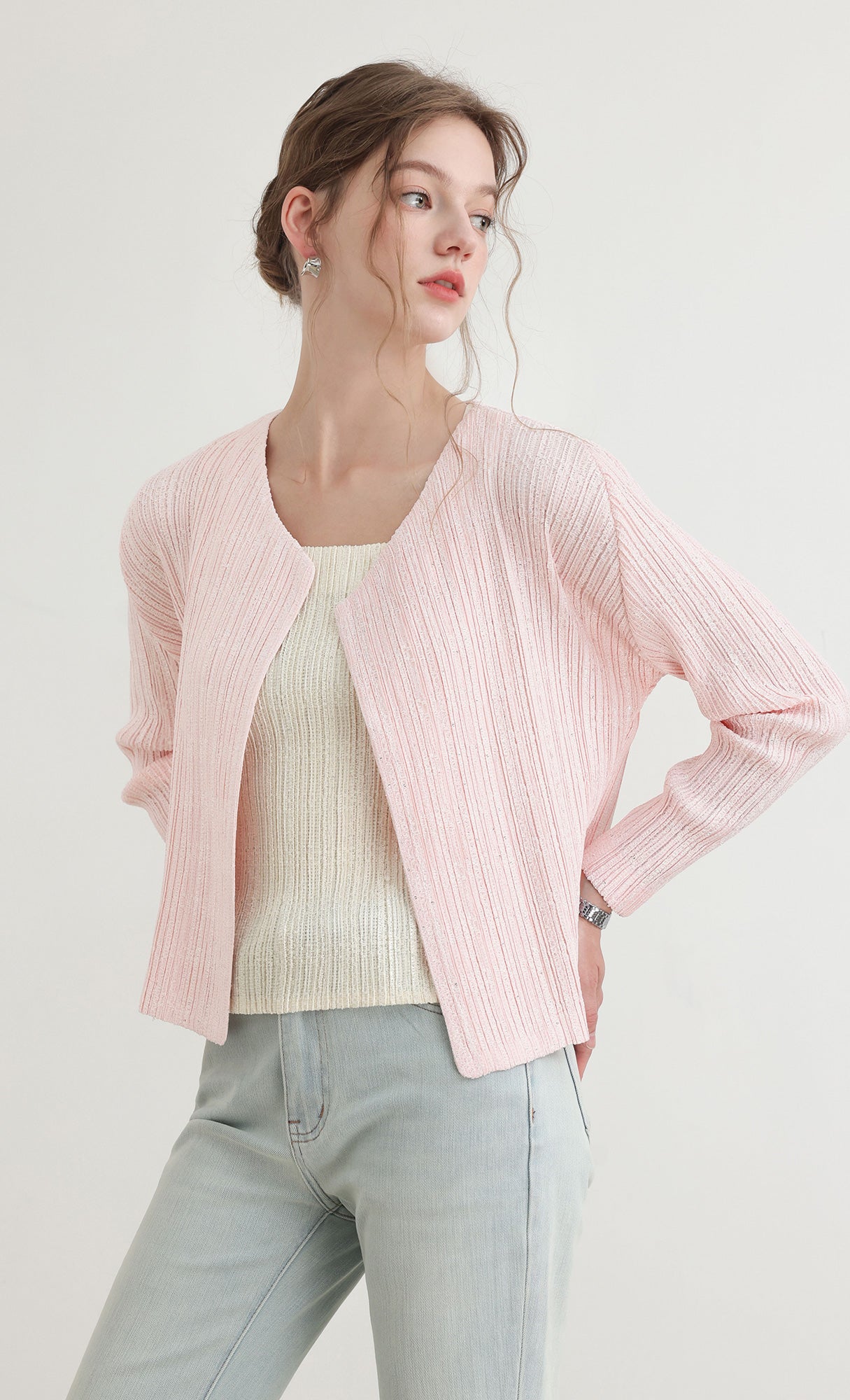 Tweed pleats cardigan_pink