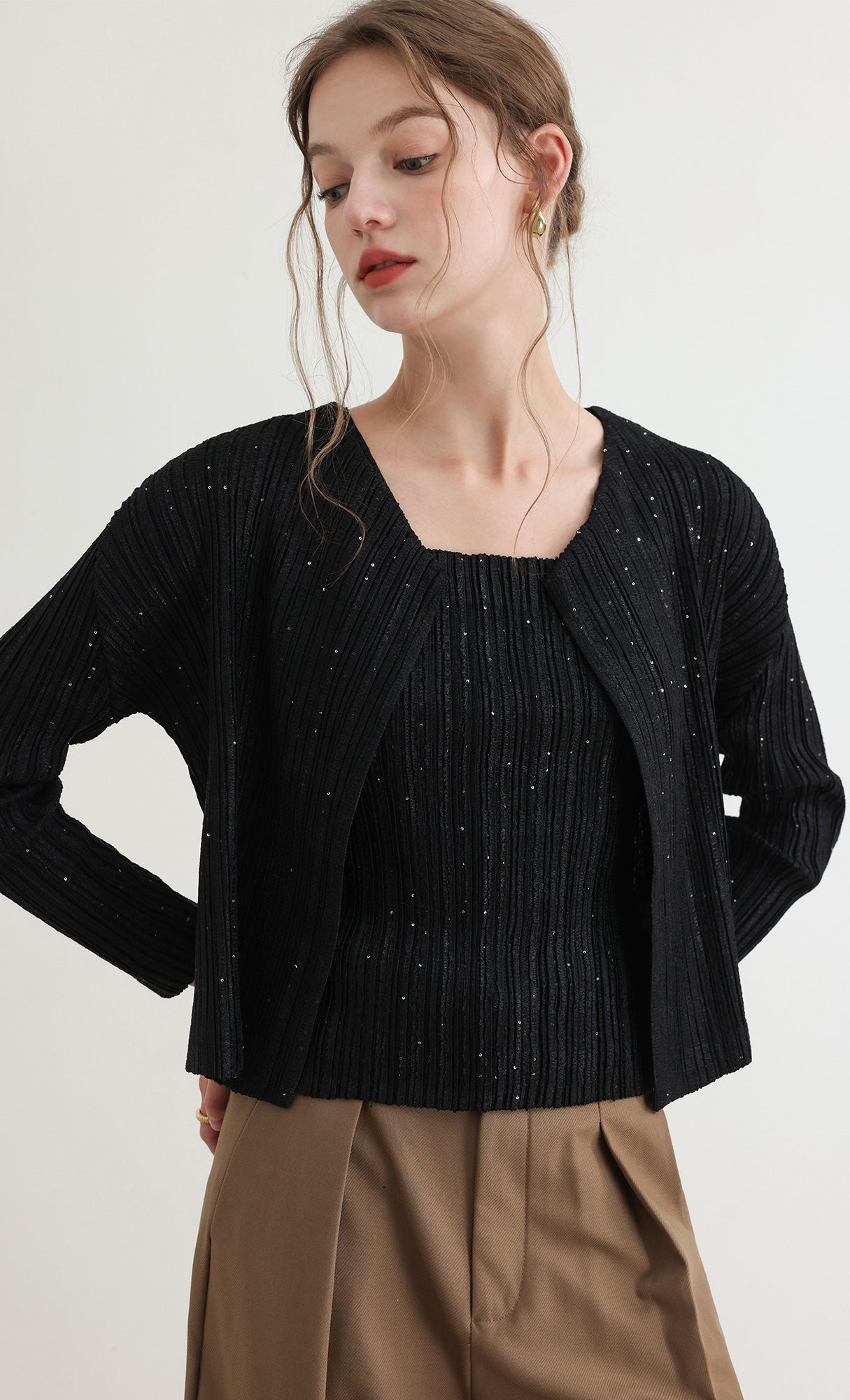 Tweed pleats cardigan_black