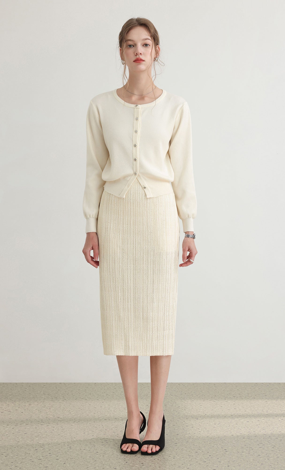 Tweed pleats banding skirt_ivory