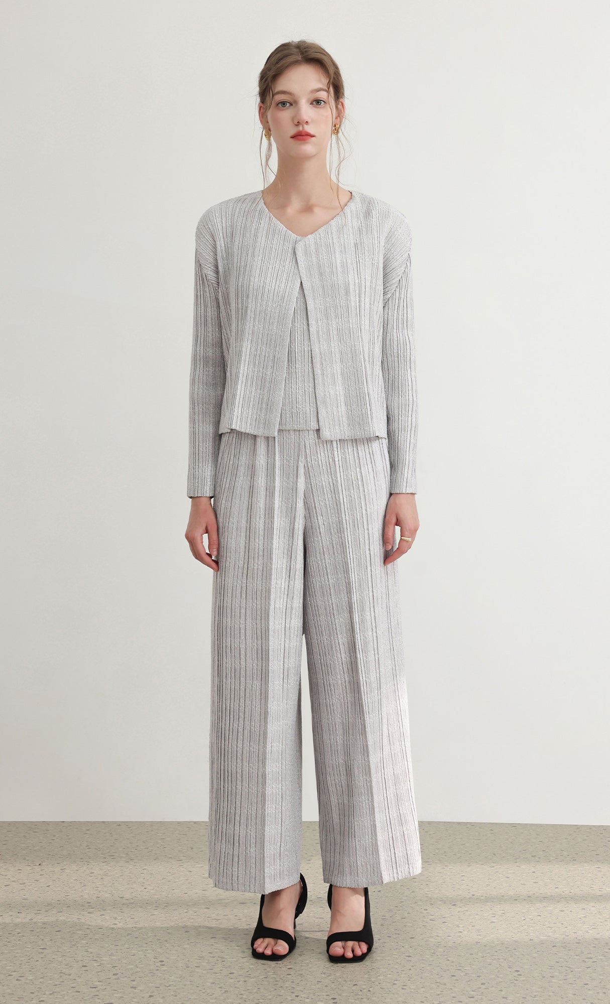 Tweed pleats pintuck pants_grey