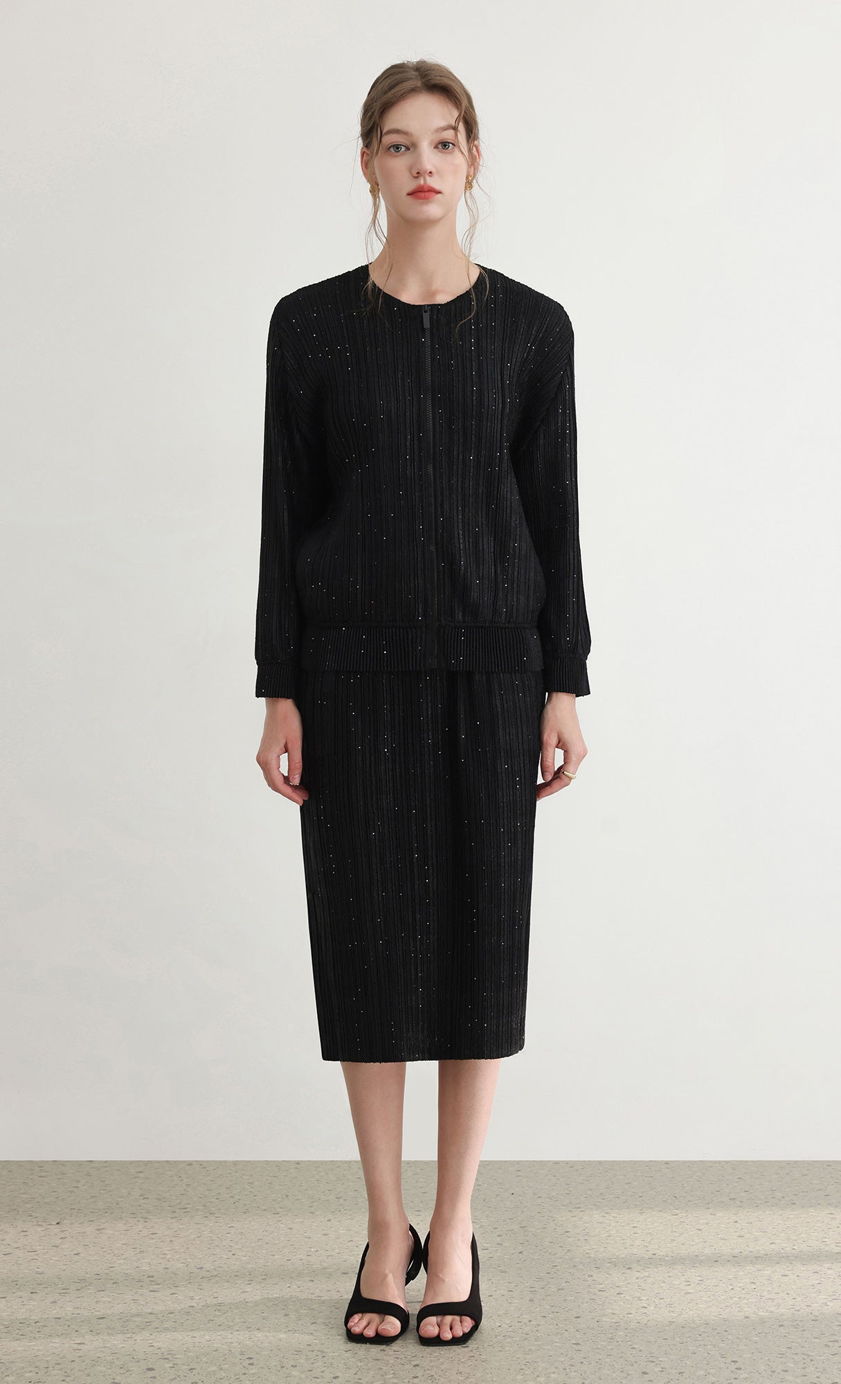 Tweed pleats banding skirt_black