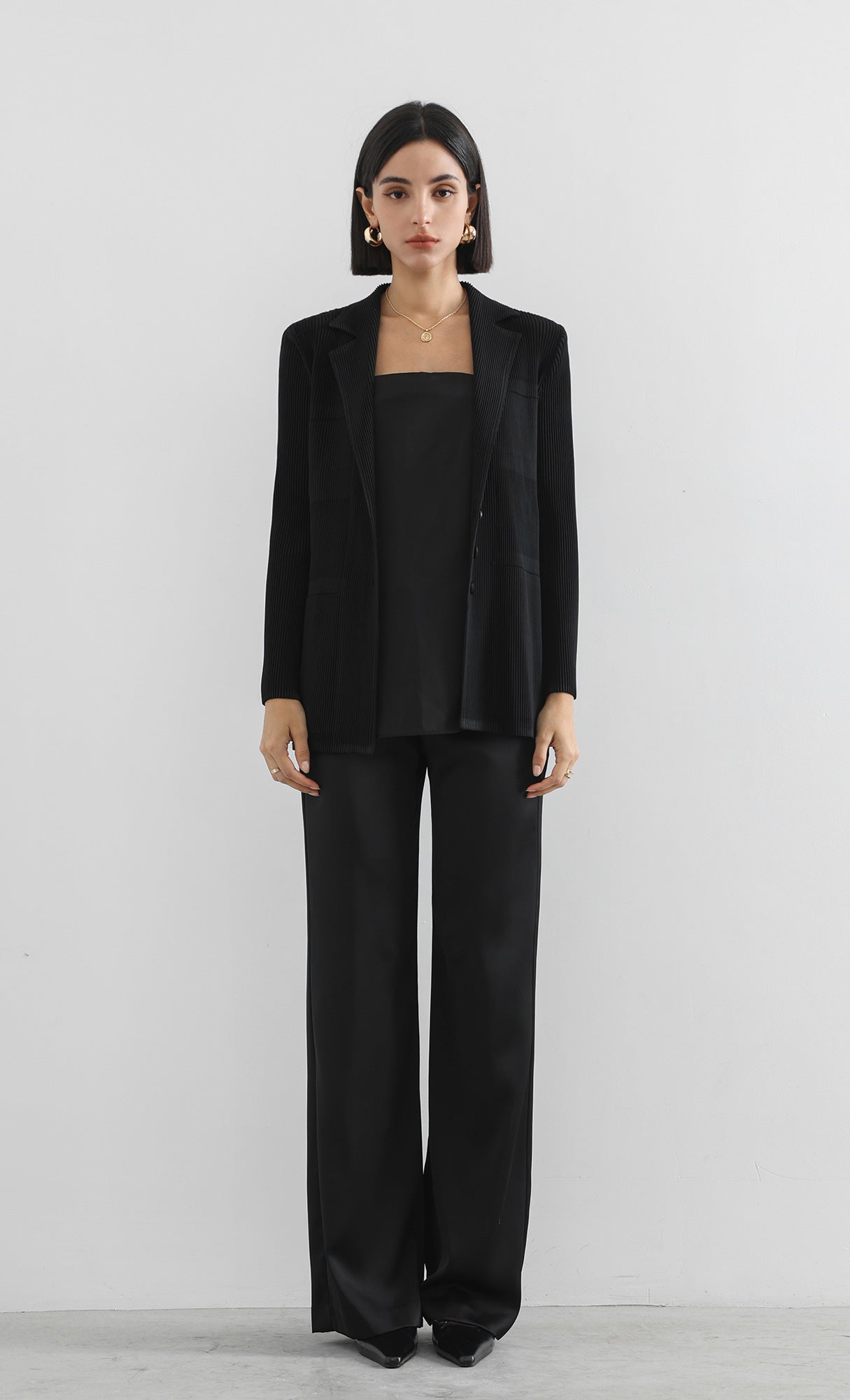 curve pleated set-up jacket_black