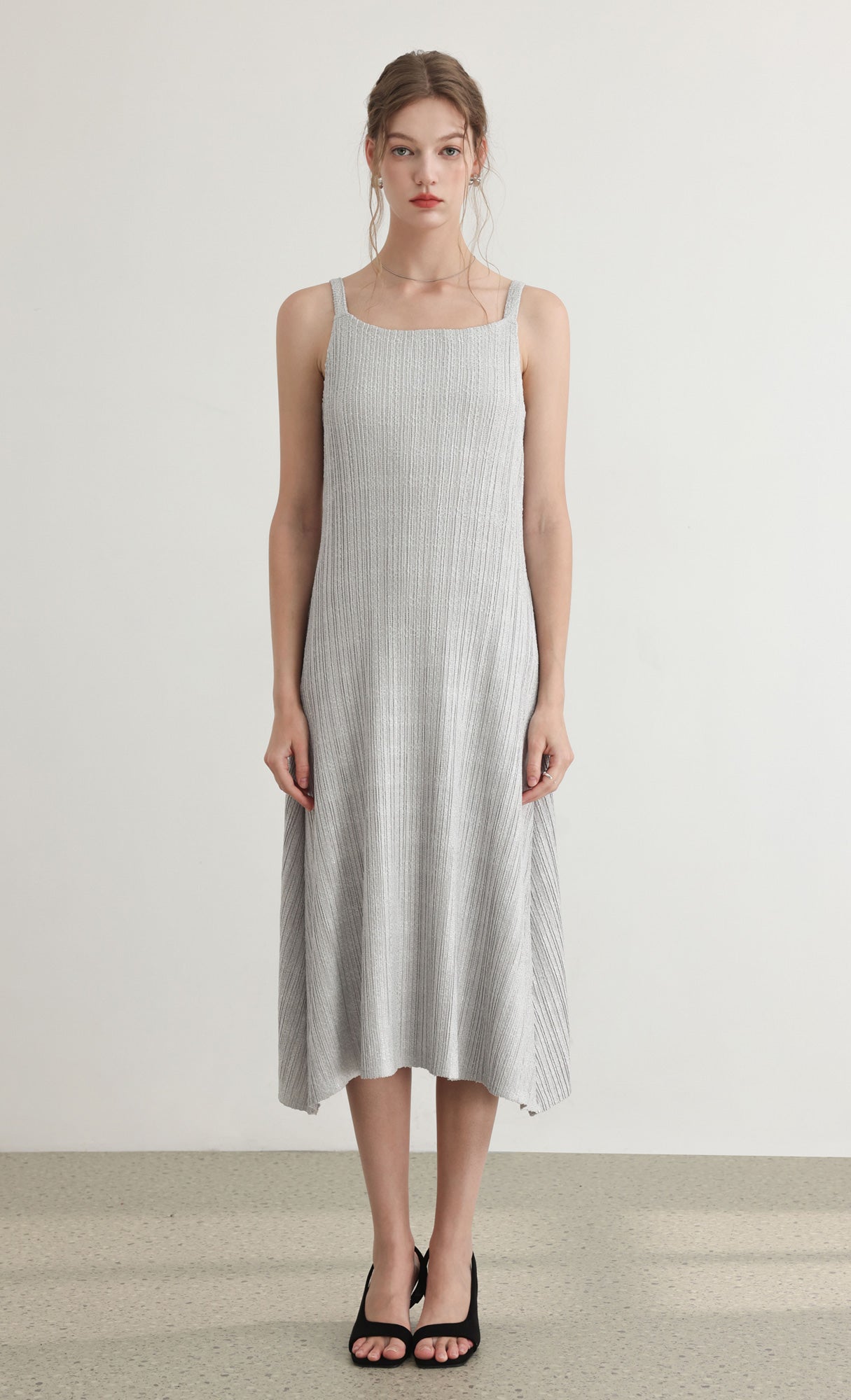 Tweed pleats sleveless flare dress_grey